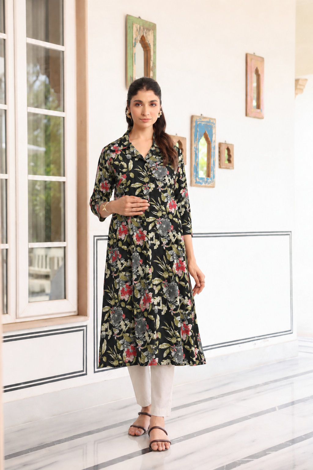 Black Garden Bloom Cotton Maternity - Nursing Kurti