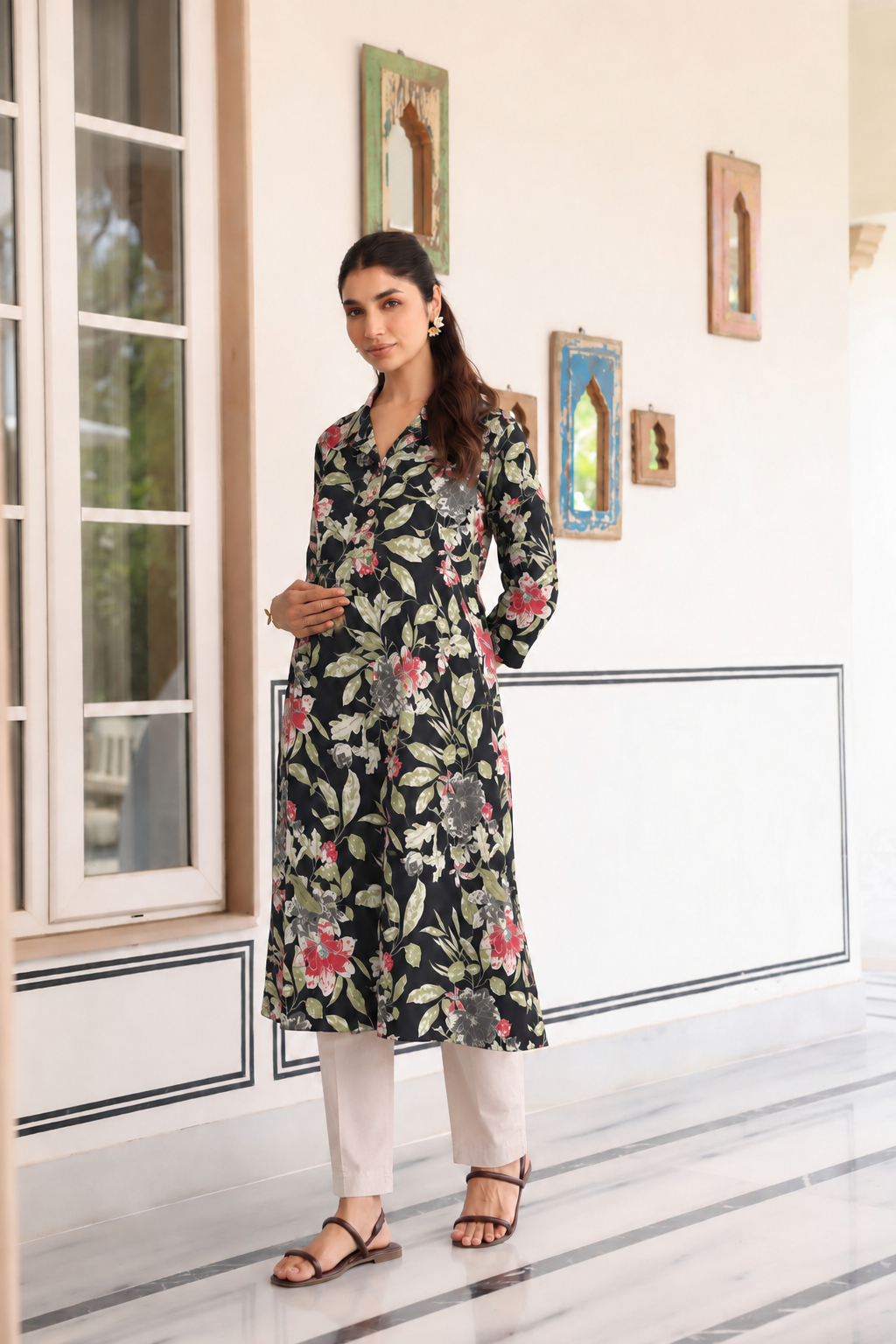 Black Garden Bloom Cotton Maternity - Nursing Kurti
