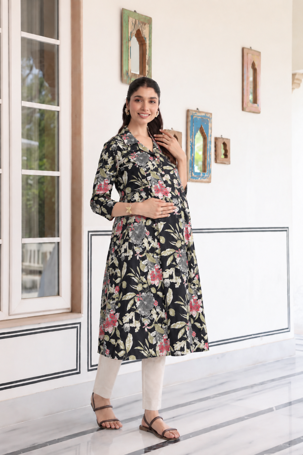 Black Garden Bloom Cotton Maternity - Nursing Kurti