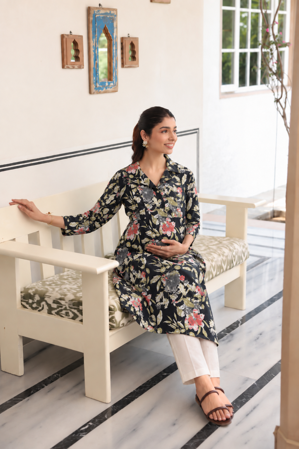 Black Garden Bloom Cotton Maternity - Nursing Kurti