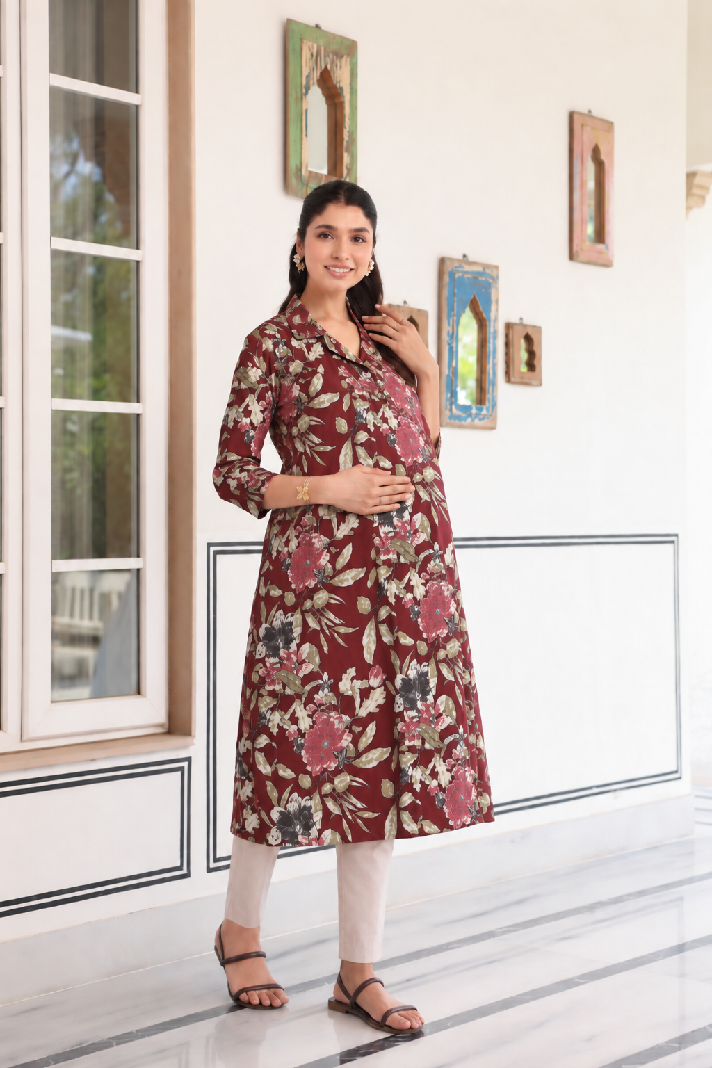 Mulberry Bloom Cotton Maternity - Nursing Kurti