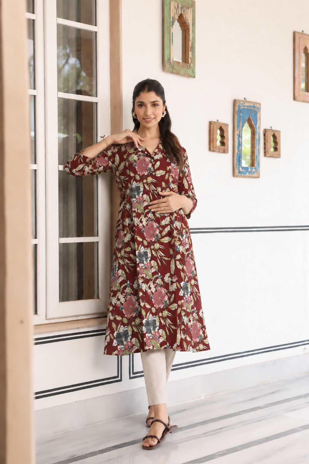 Mulberry Bloom Cotton Maternity - Nursing Kurti