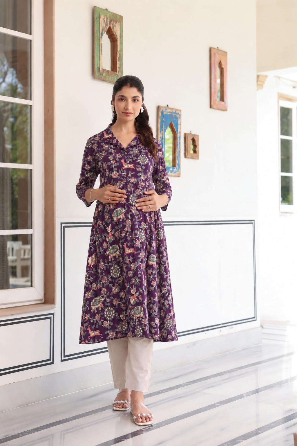 Purple Jungle Story Cotton Maternity - Nursing Kurti