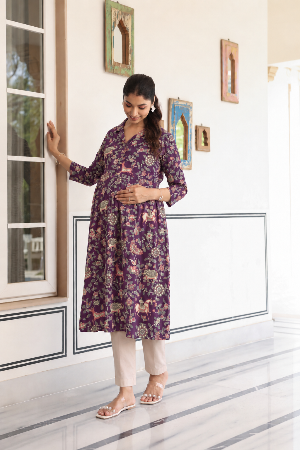 Purple Jungle Story Cotton Maternity - Nursing Kurti