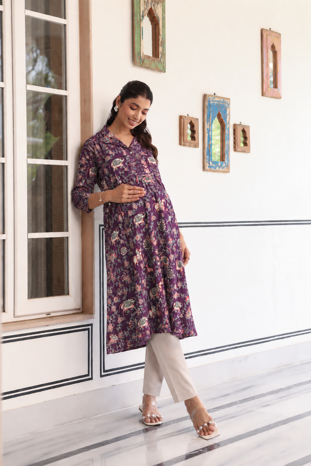 Purple Jungle Story Cotton Maternity - Nursing Kurti
