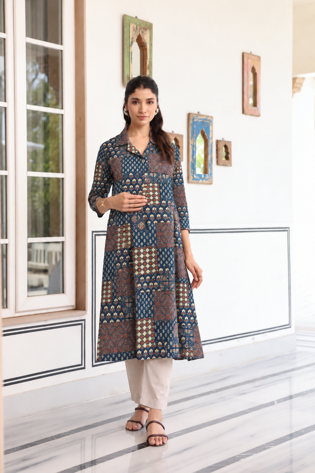 Indigo Patchwork Cotton Maternity - Nursing Kurti