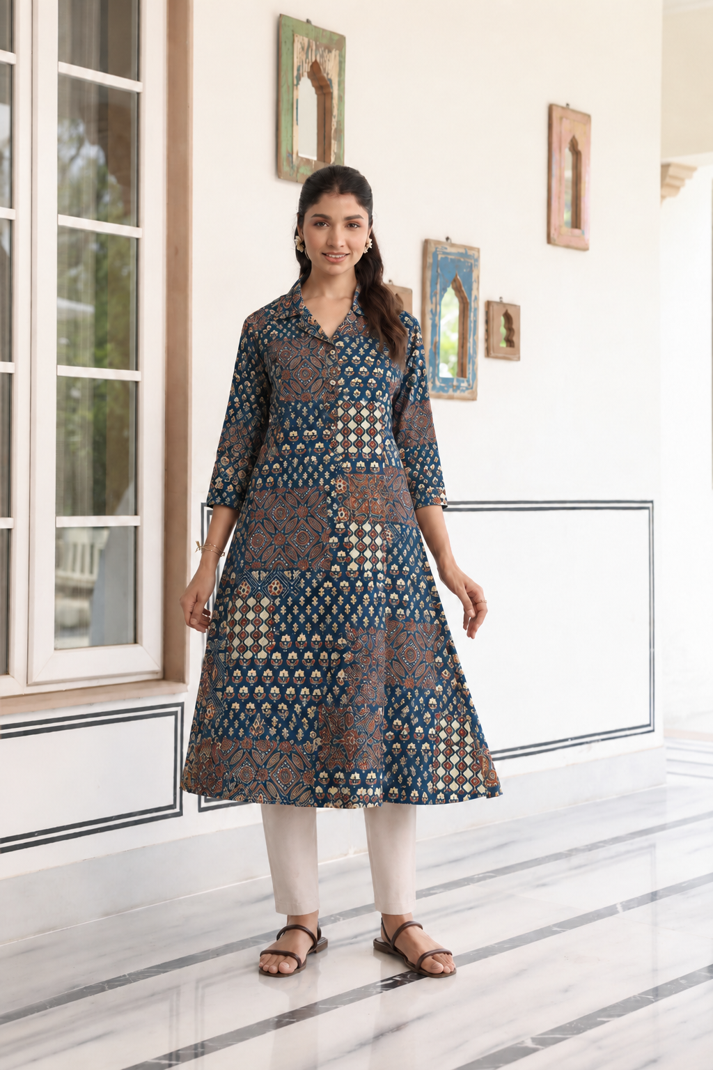 Indigo Patchwork Cotton Maternity - Nursing Kurti