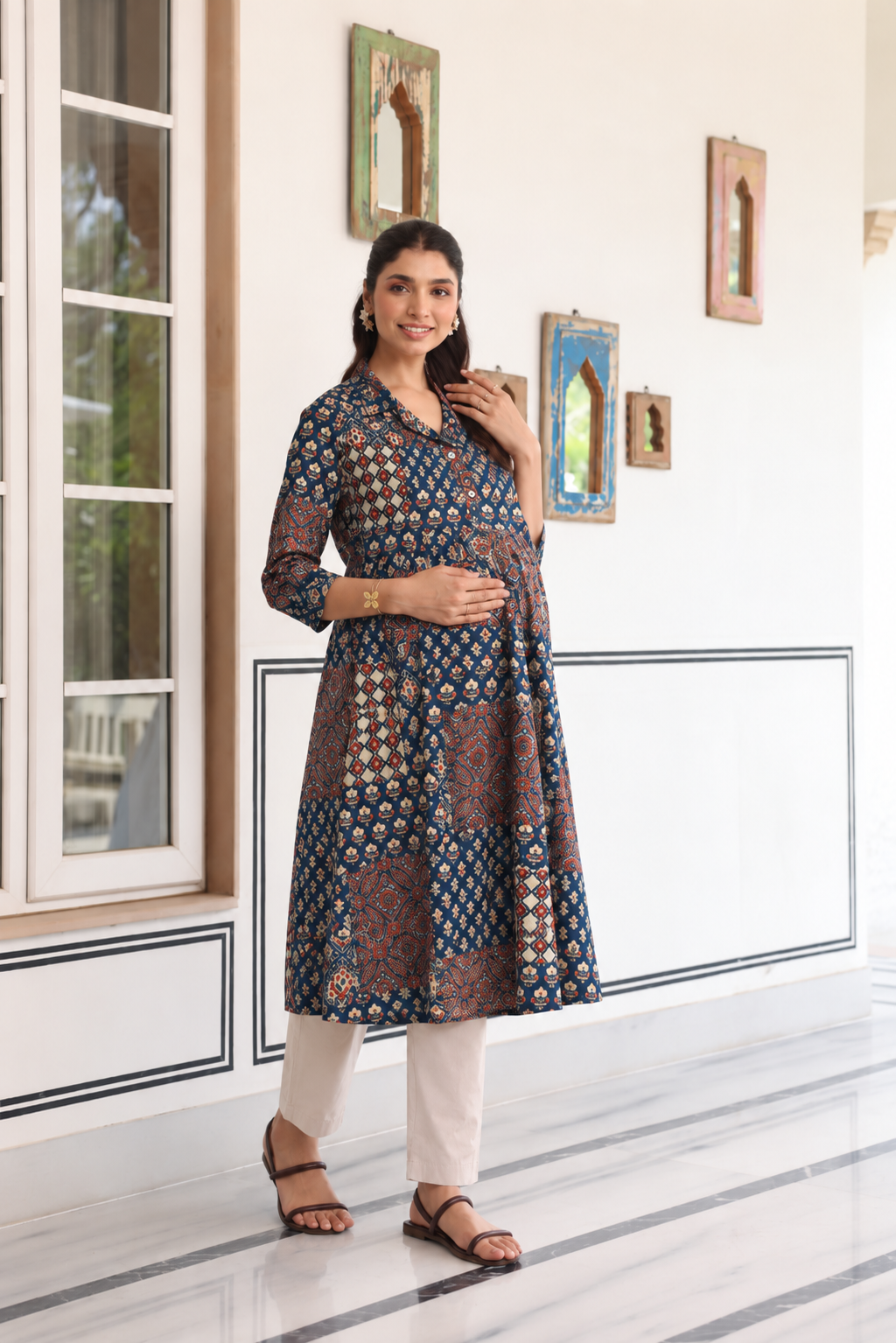 Indigo Patchwork Cotton Maternity - Nursing Kurti