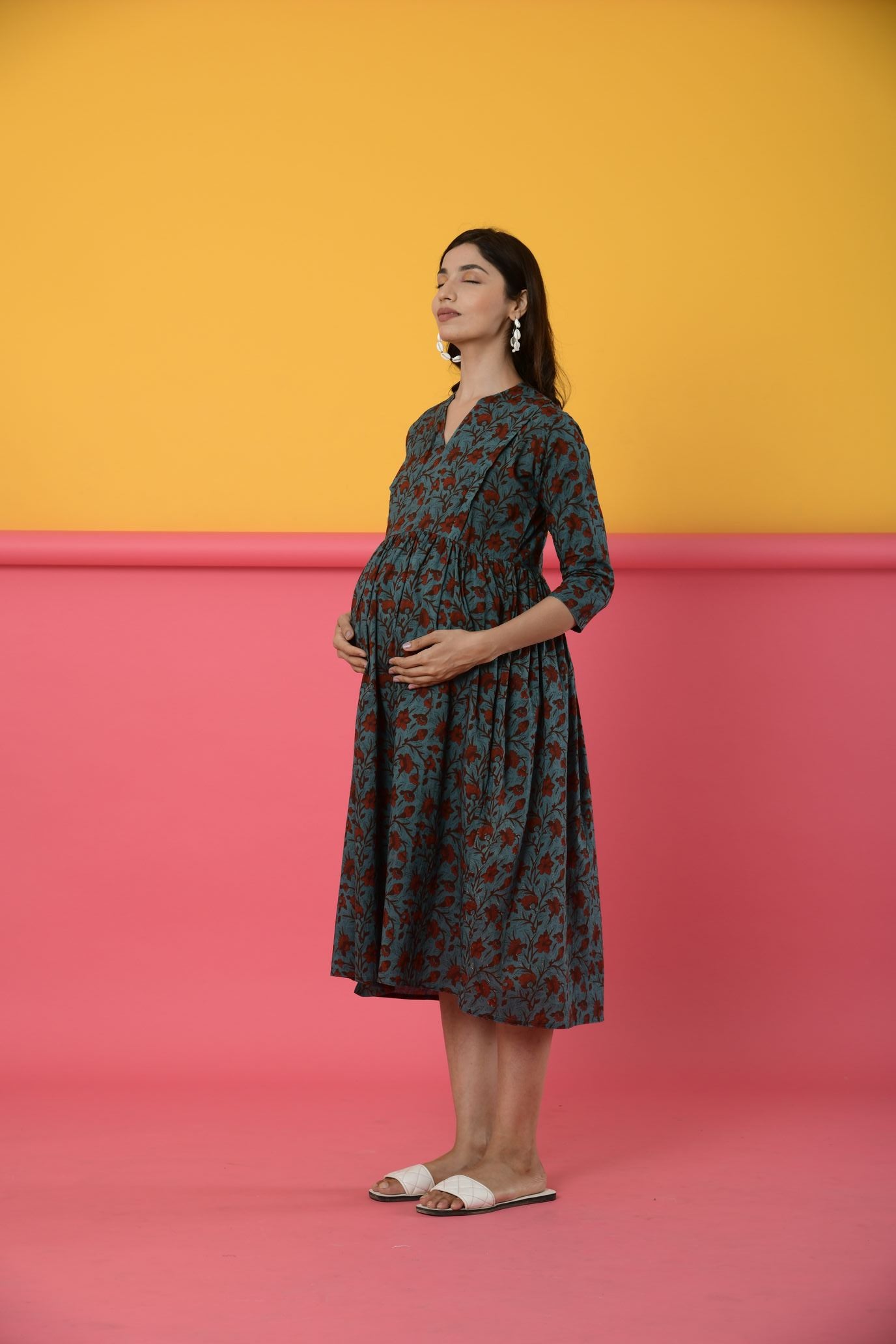Peacock Blue Cotton Maternity - Nursing Dress