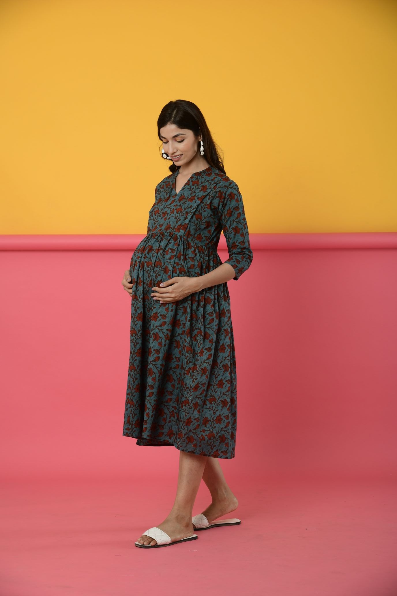 Peacock Blue Cotton Maternity - Nursing Dress