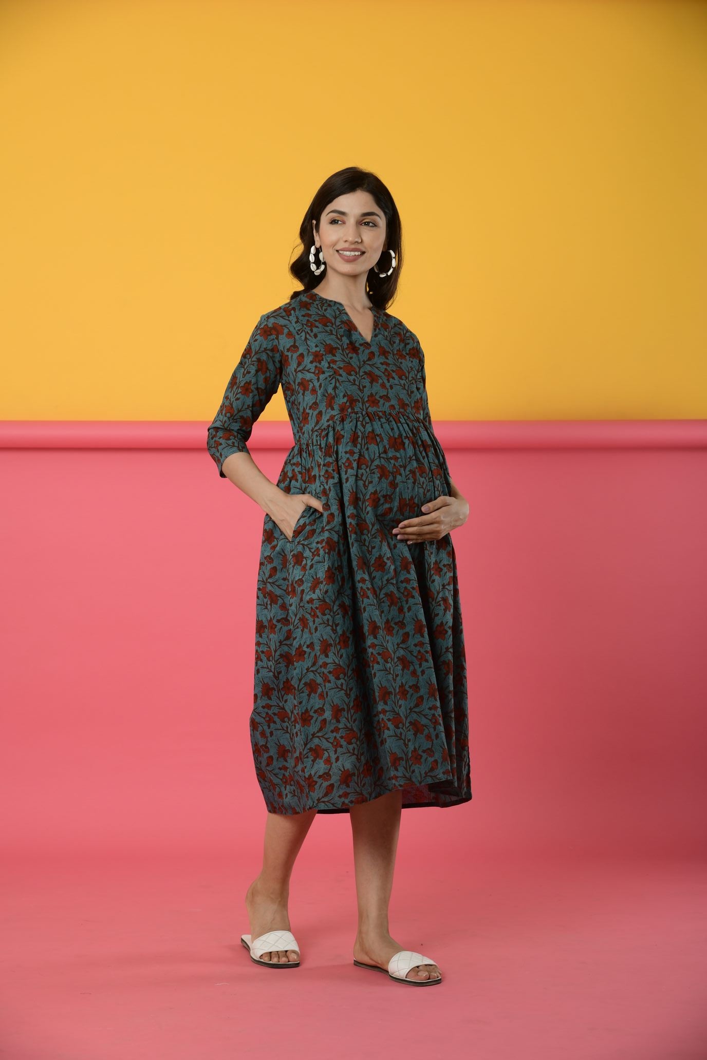 Peacock Blue Cotton Maternity - Nursing Dress