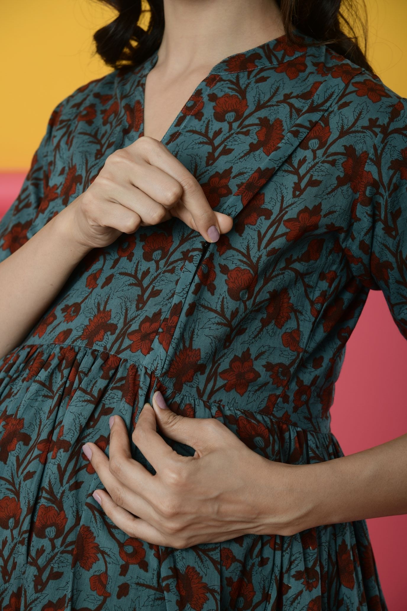 Peacock Blue Cotton Maternity - Nursing Dress
