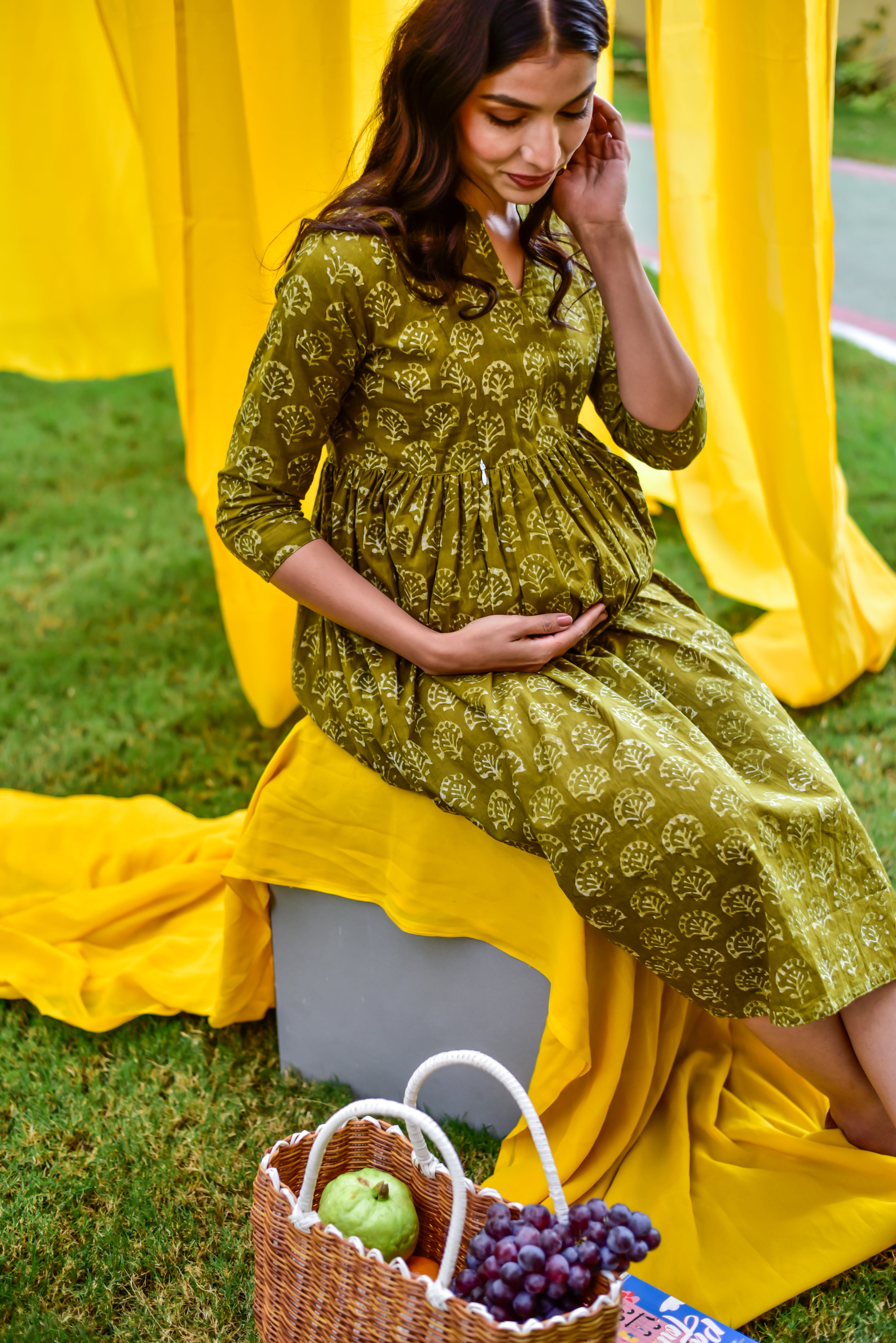 Olive Green Booti Cotton Maternity - Nursing Dress