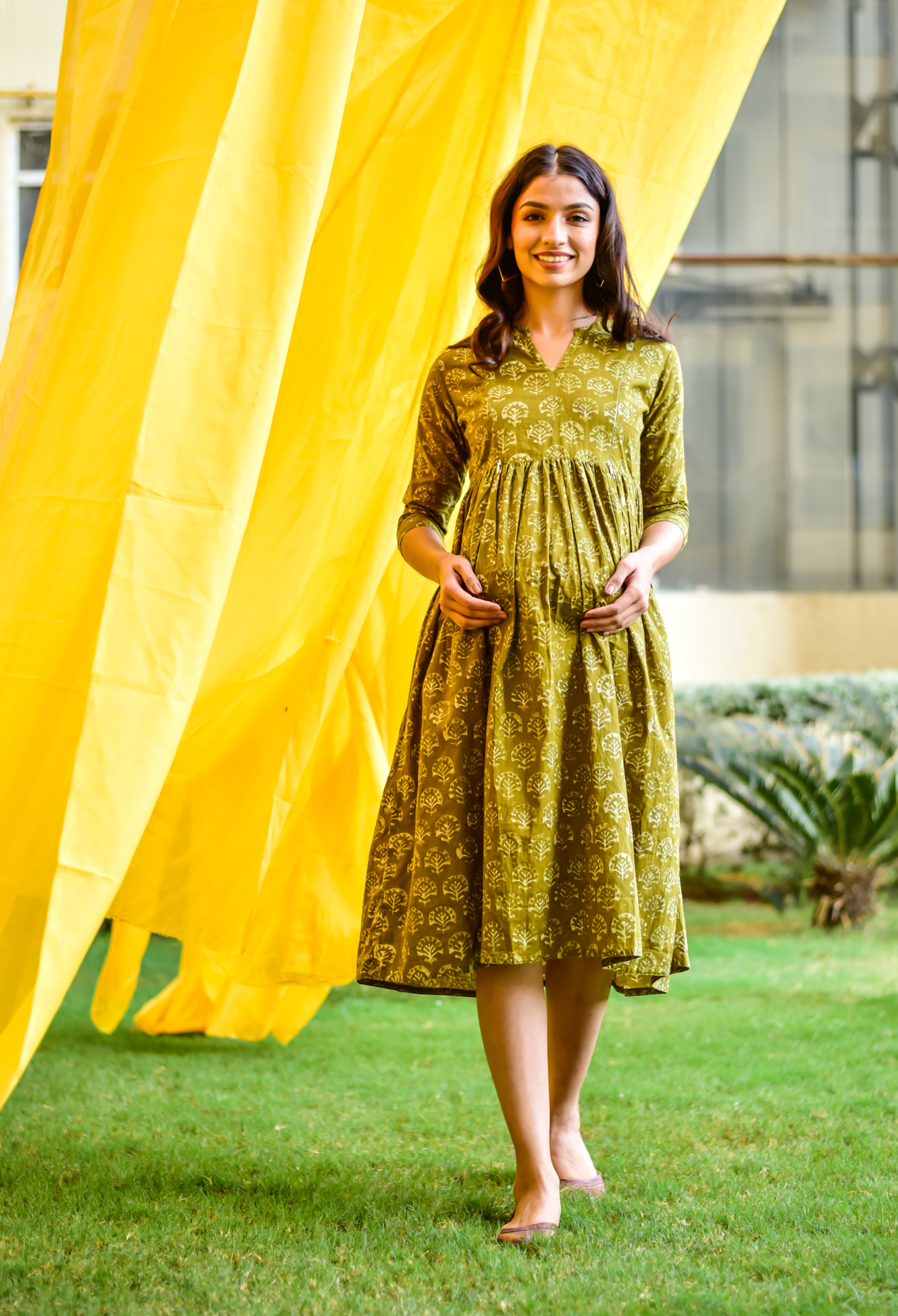 Olive Green Booti Cotton Maternity - Nursing Dress