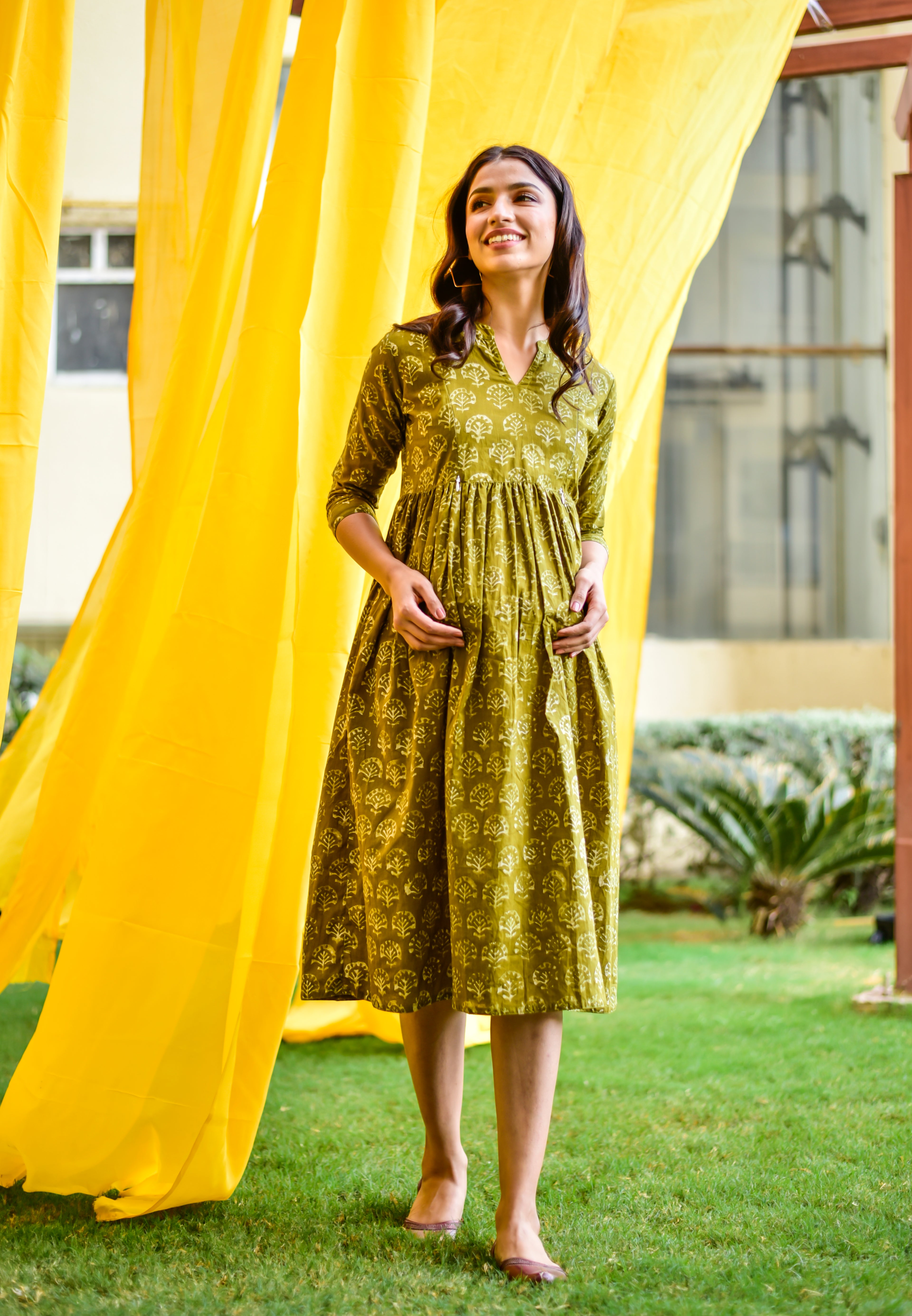 Olive Green Booti Cotton Maternity - Nursing Dress