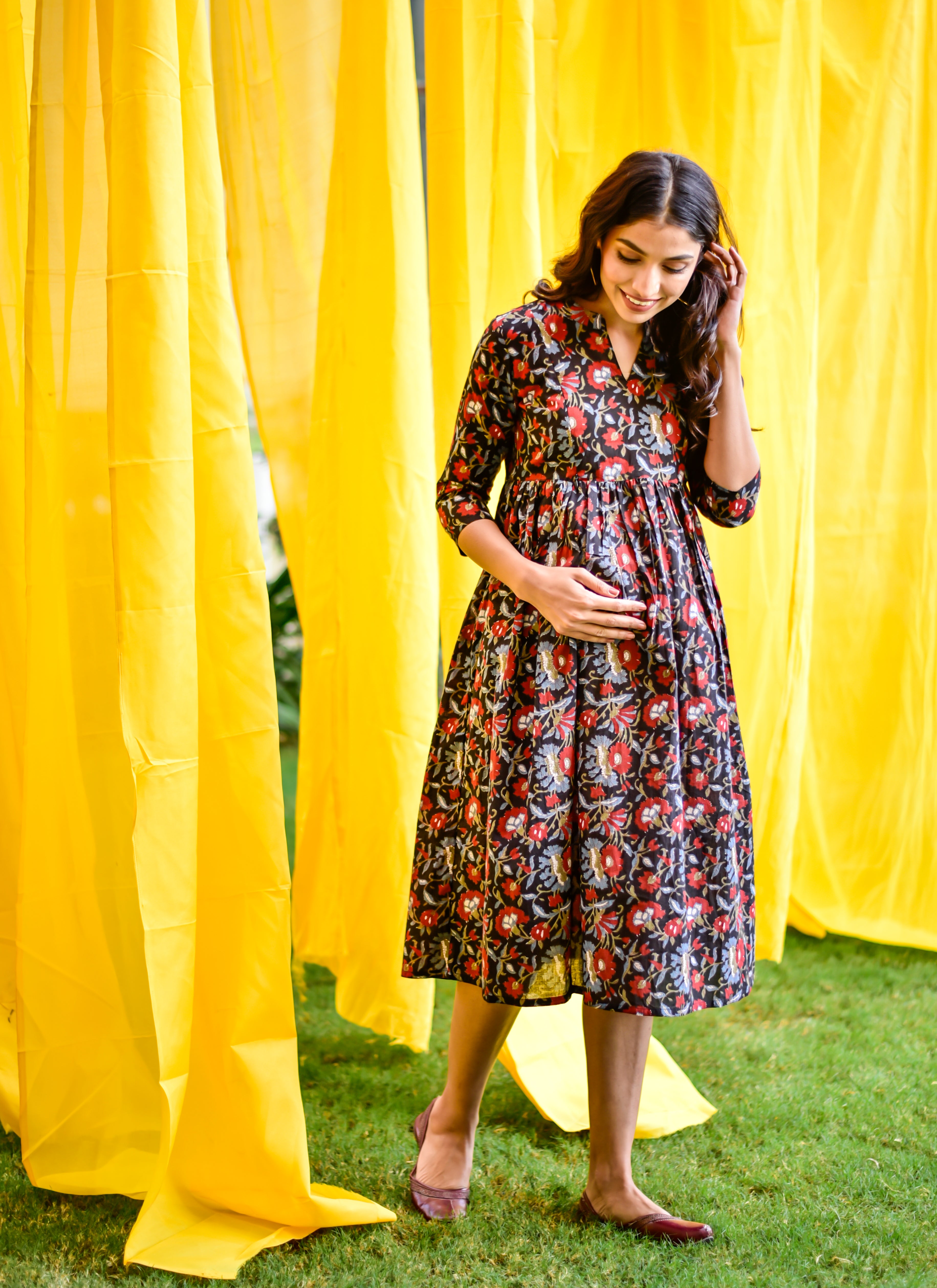 Midnight Floral Cotton Maternity - Nursing Dress