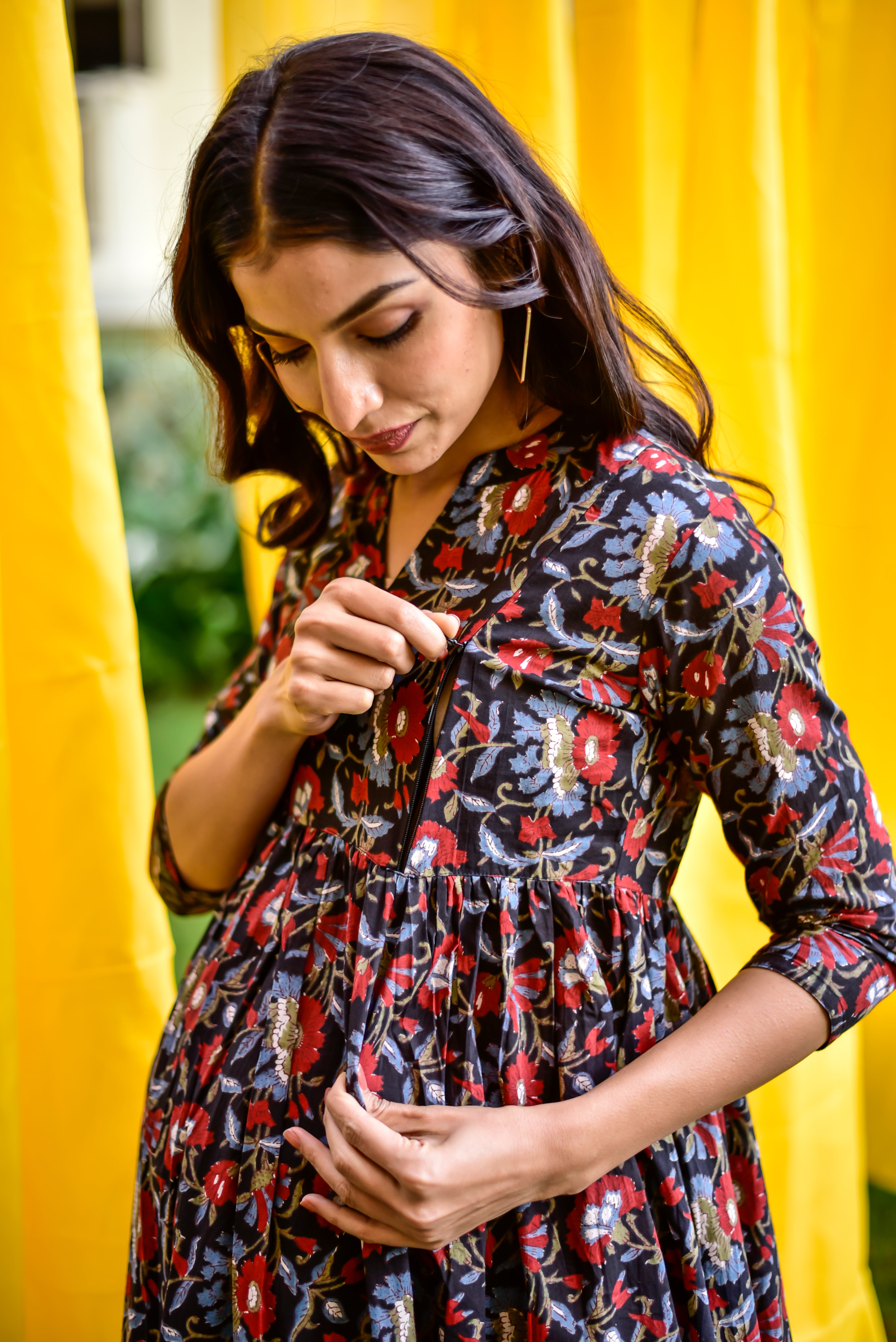 Midnight Floral Cotton Maternity - Nursing Dress
