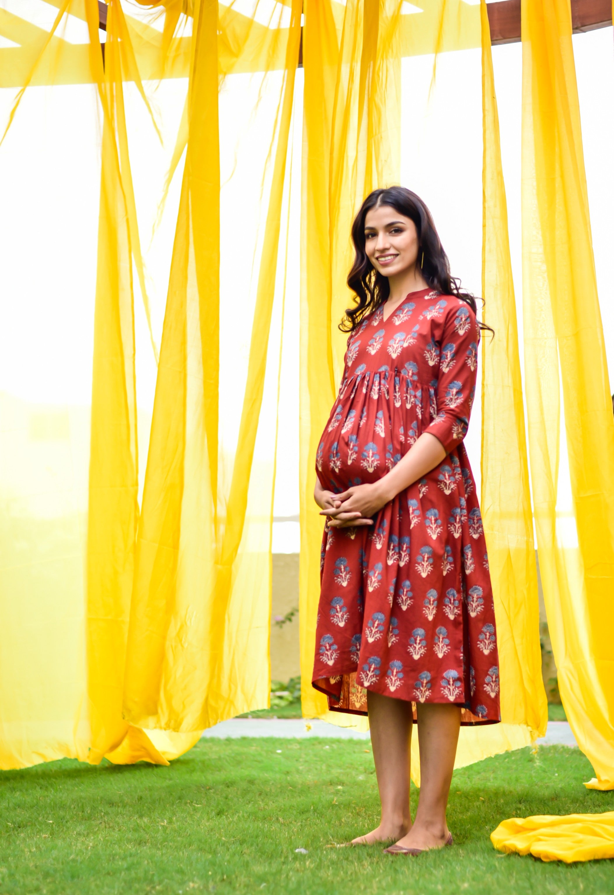 Burnt Maroon Boota Cotton Maternity - Nursing Dress