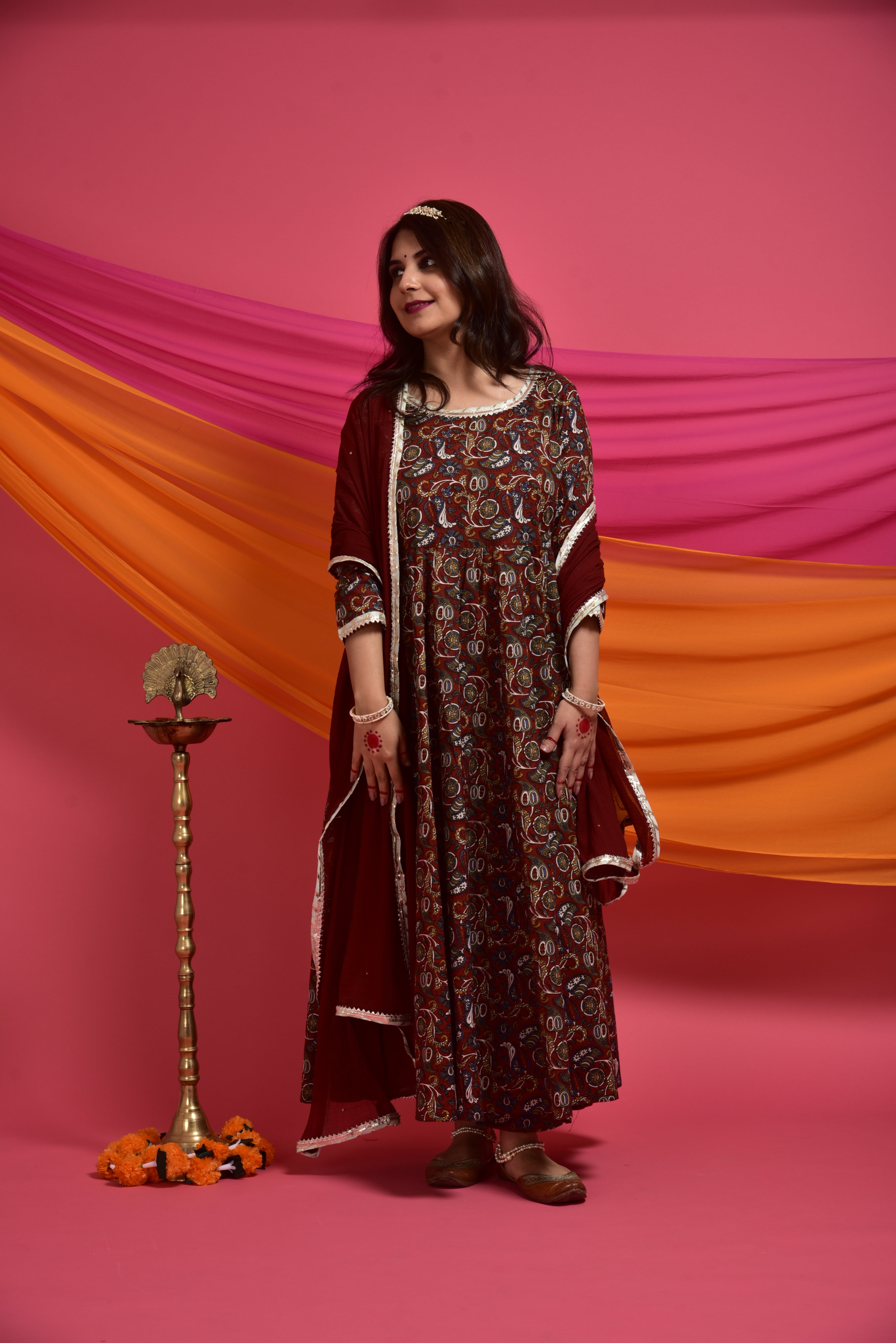 Burnt maroon kalamkari cotton anarkaliI suit