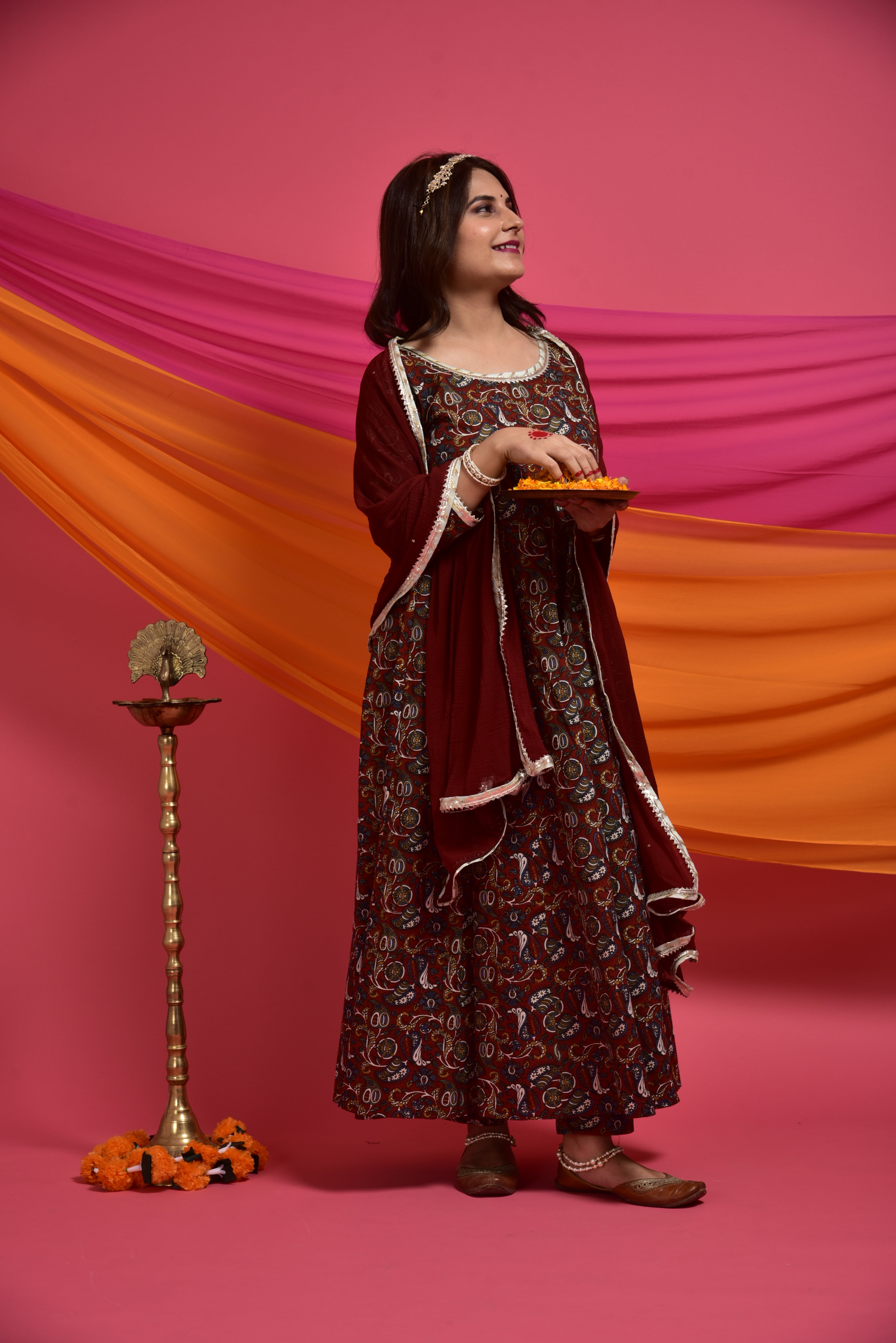Burnt maroon kalamkari cotton anarkaliI suit