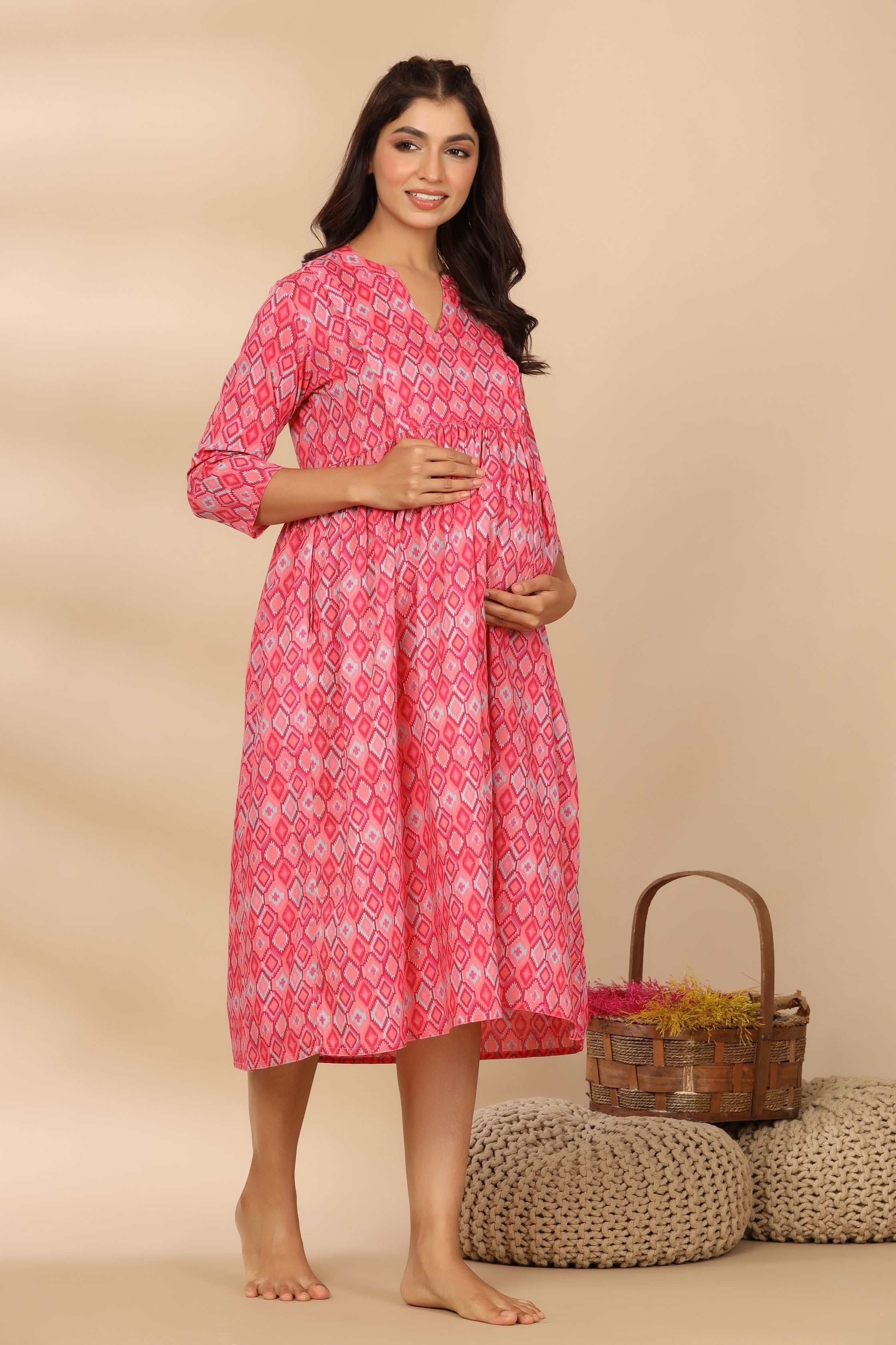 Flamingo Pink Ikkat Cotton Maternity - Nursing Dress