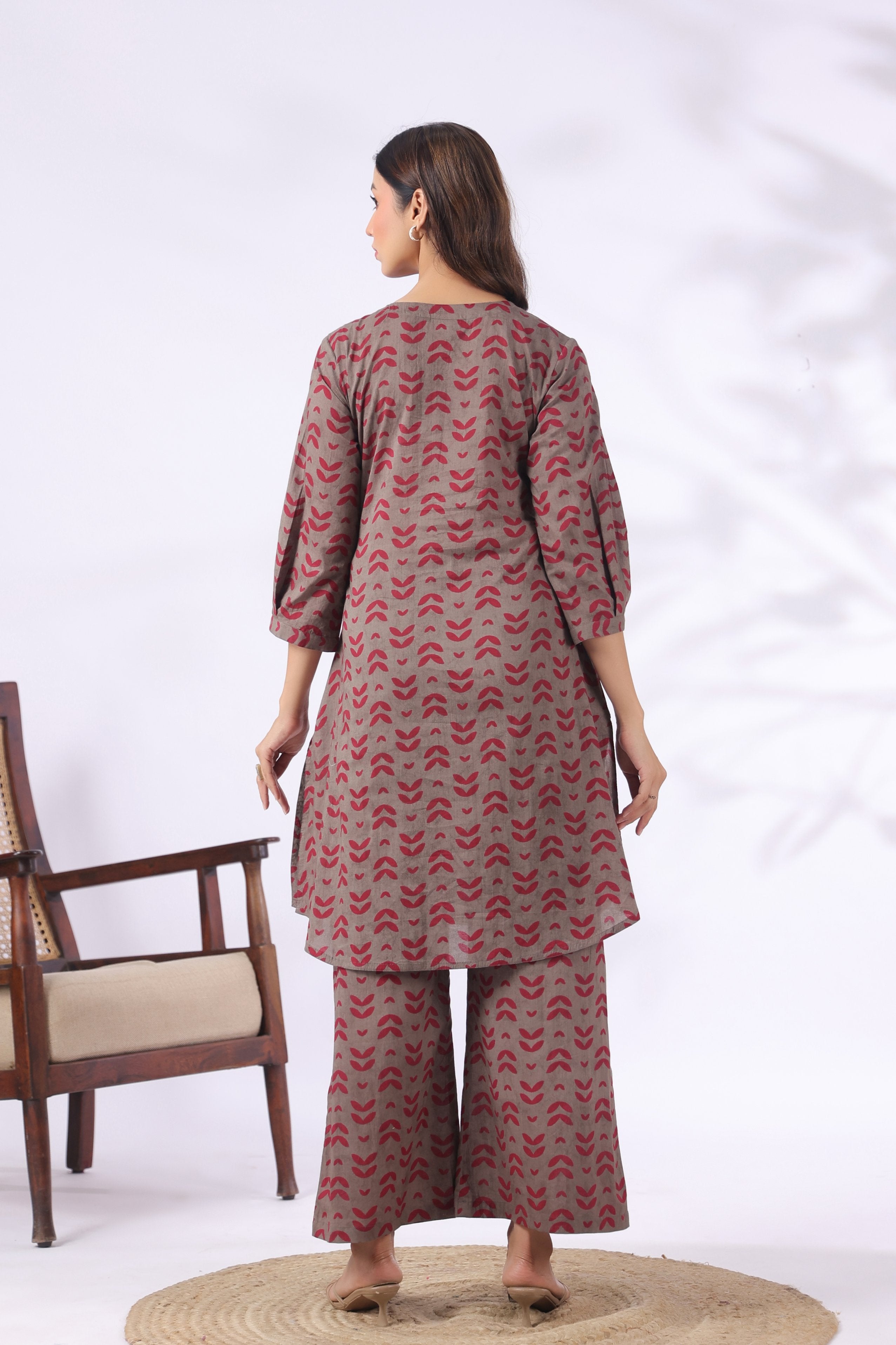 Grey Berry Leaves Cotton Maternity - Nursing Co-ord Set