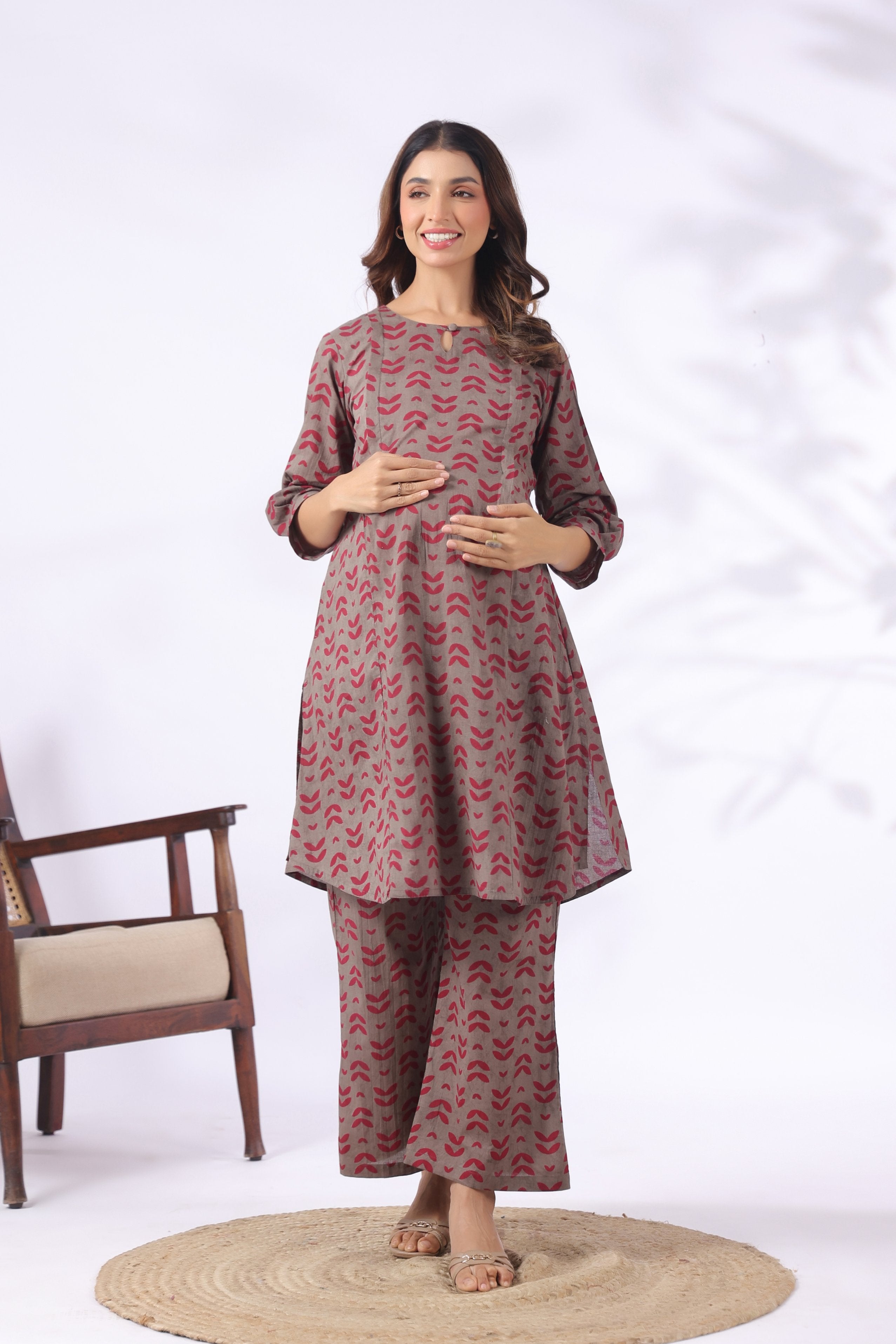 Grey Berry Leaves Cotton Maternity - Nursing Co-ord Set