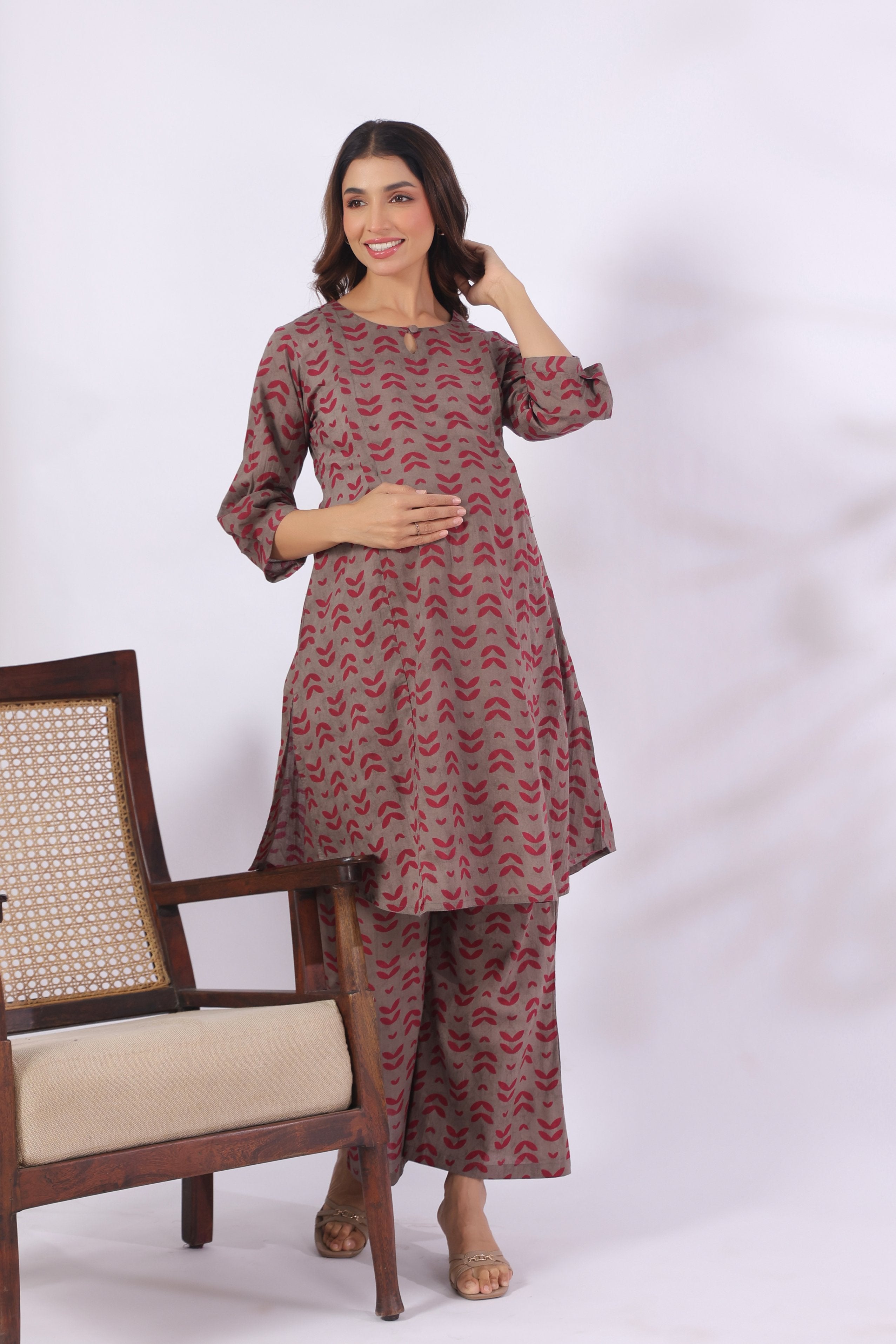 Grey Berry Leaves Cotton Maternity - Nursing Co-ord Set