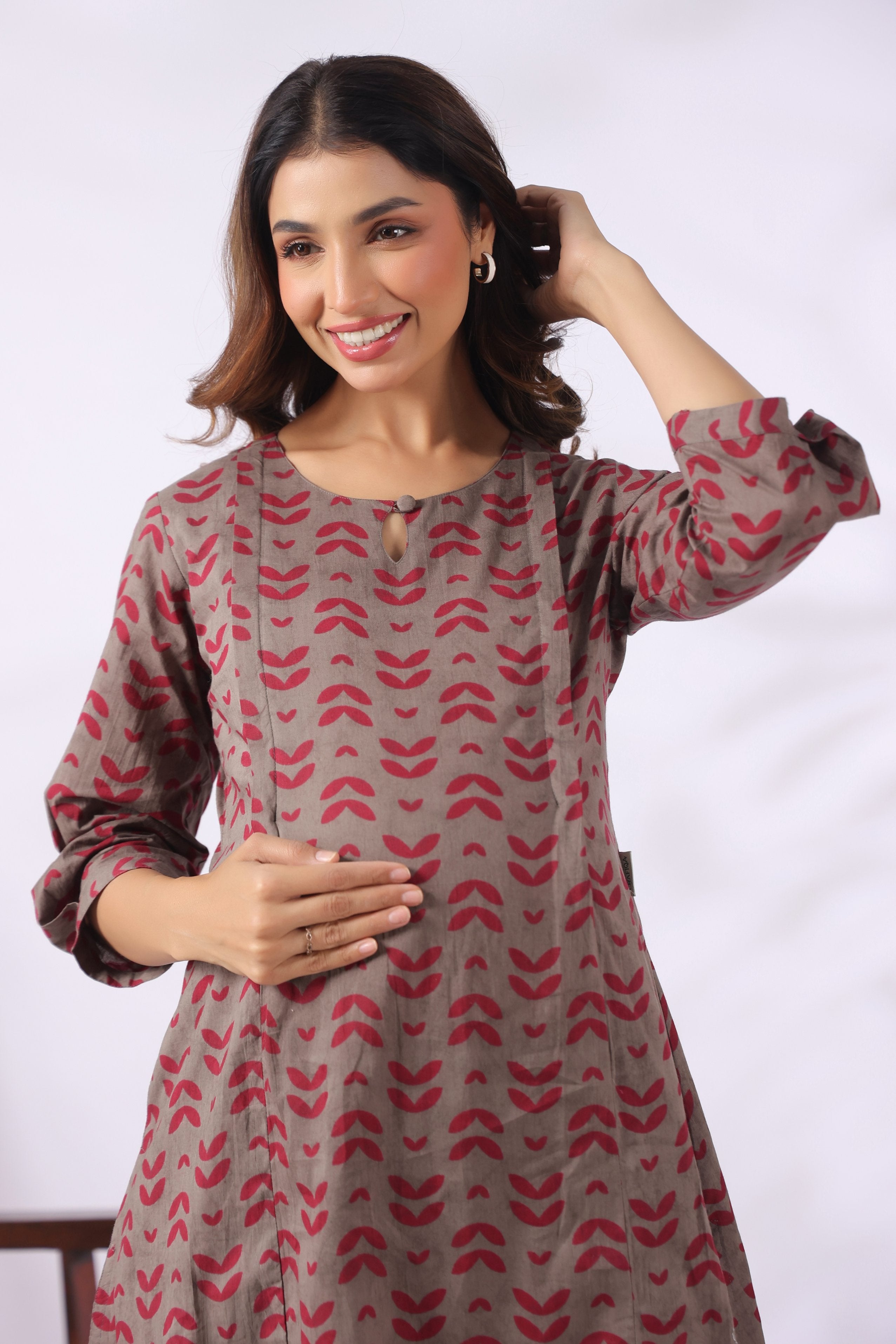 Grey Berry Leaves Cotton Maternity - Nursing Co-ord Set