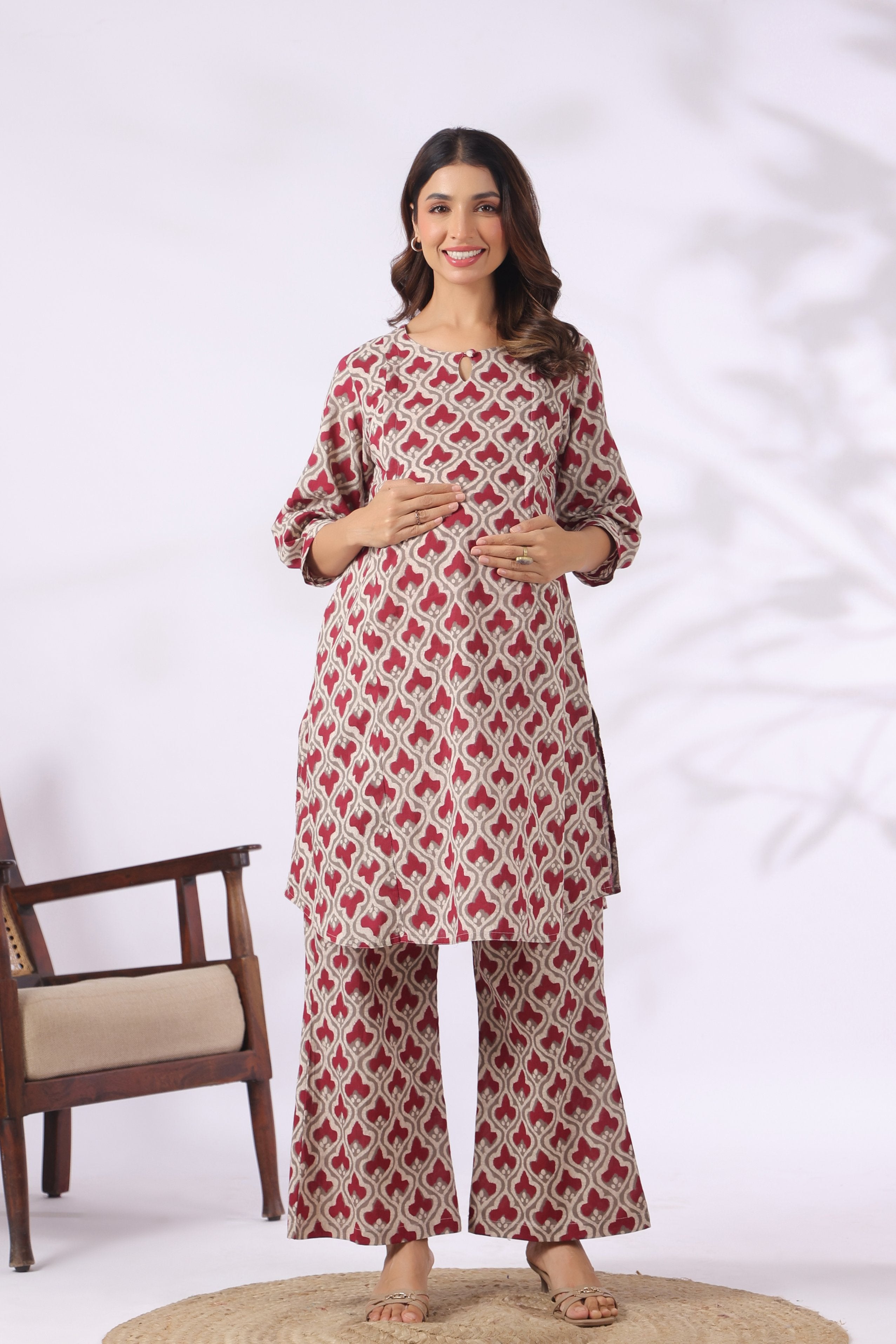 Wine Lattice Cotton Maternity - Nursing Co-ord Set