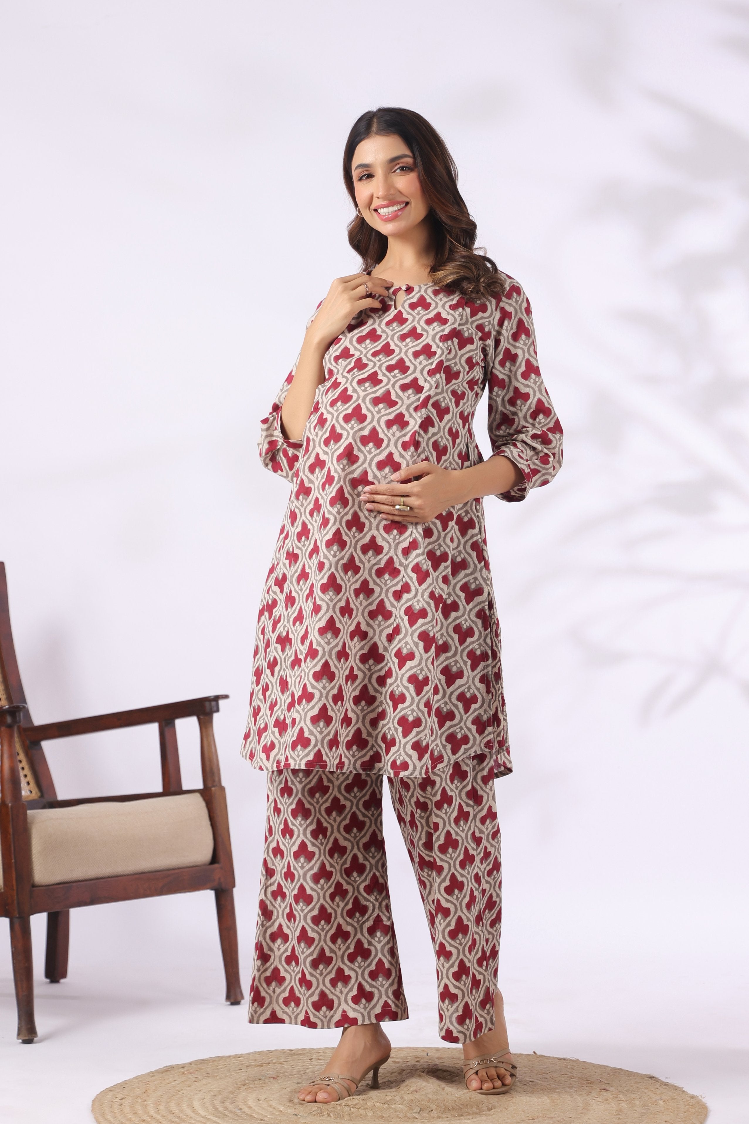 Wine Lattice Cotton Maternity - Nursing Co-ord Set