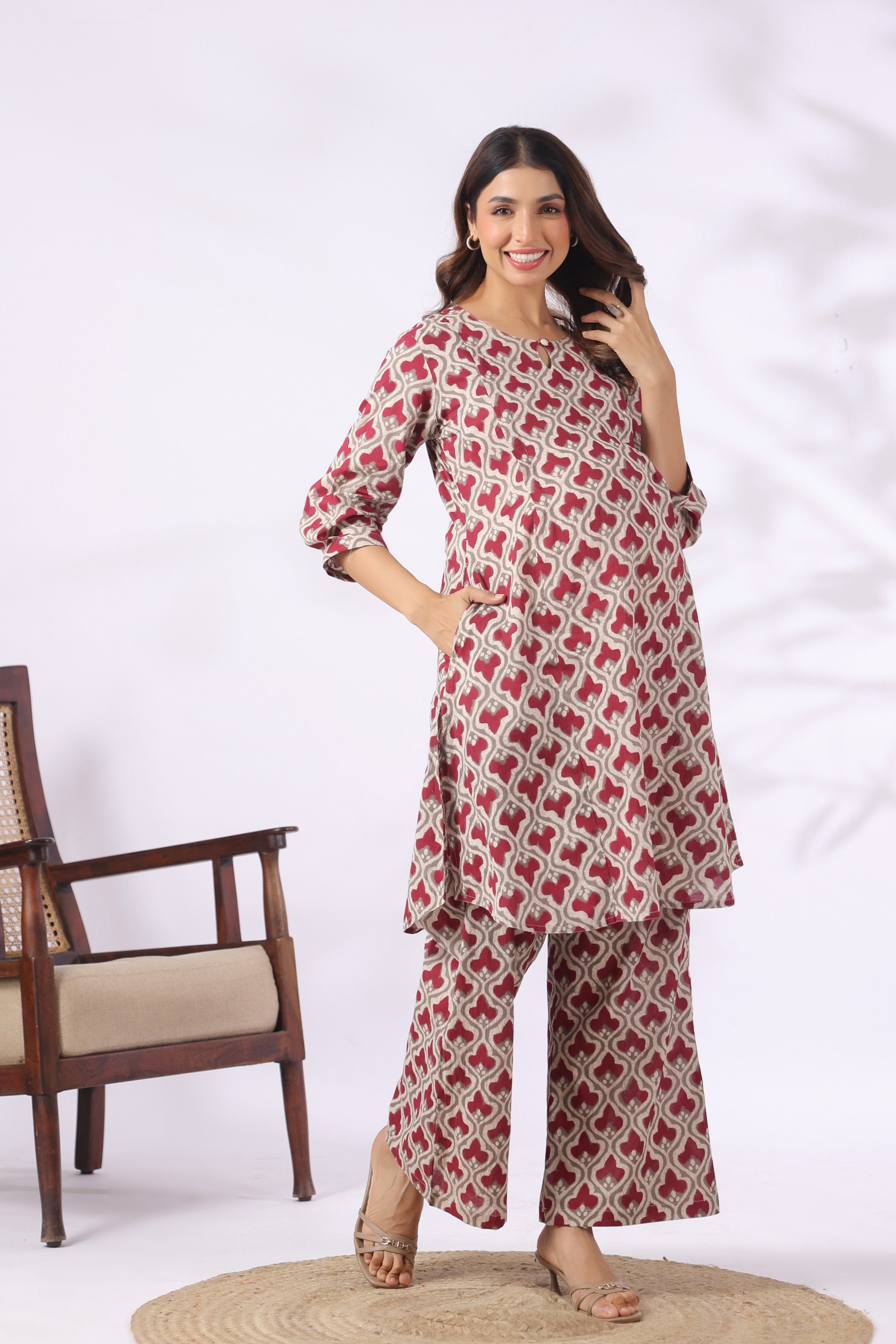 Wine Lattice Cotton Maternity - Nursing Co-ord Set