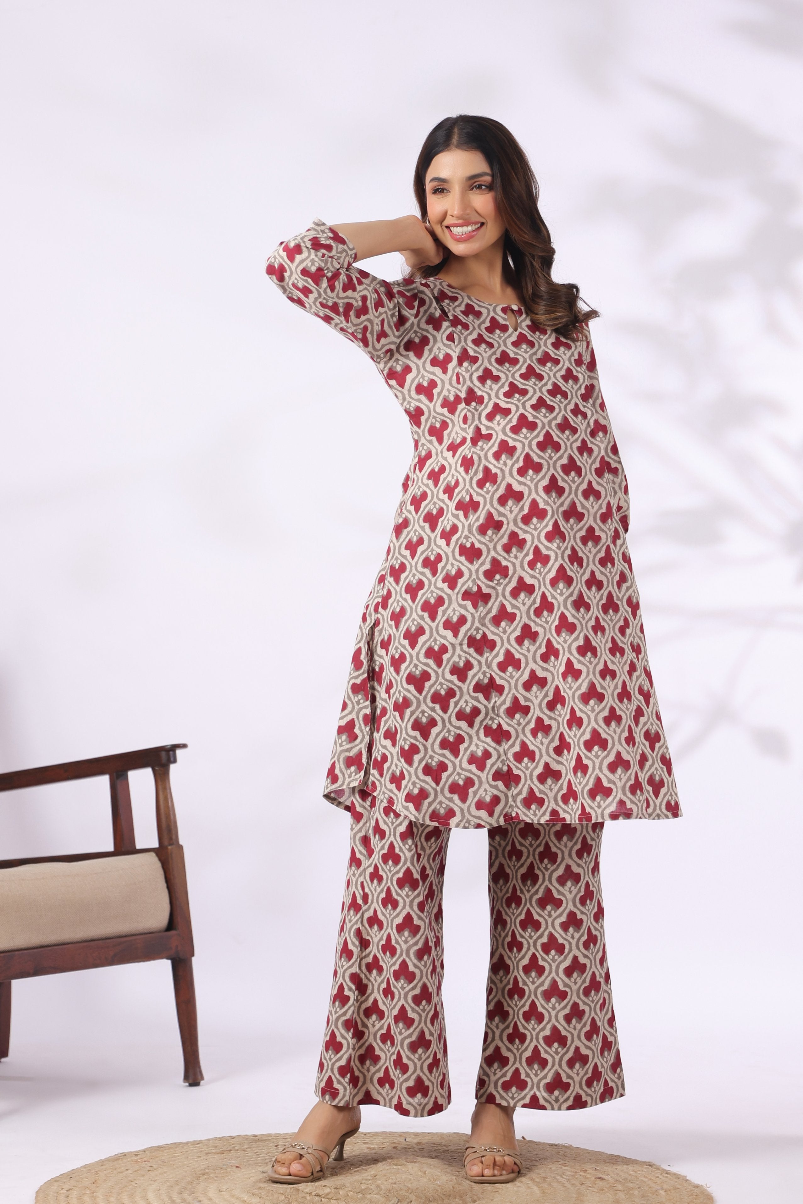 Wine Lattice Cotton Maternity - Nursing Co-ord Set