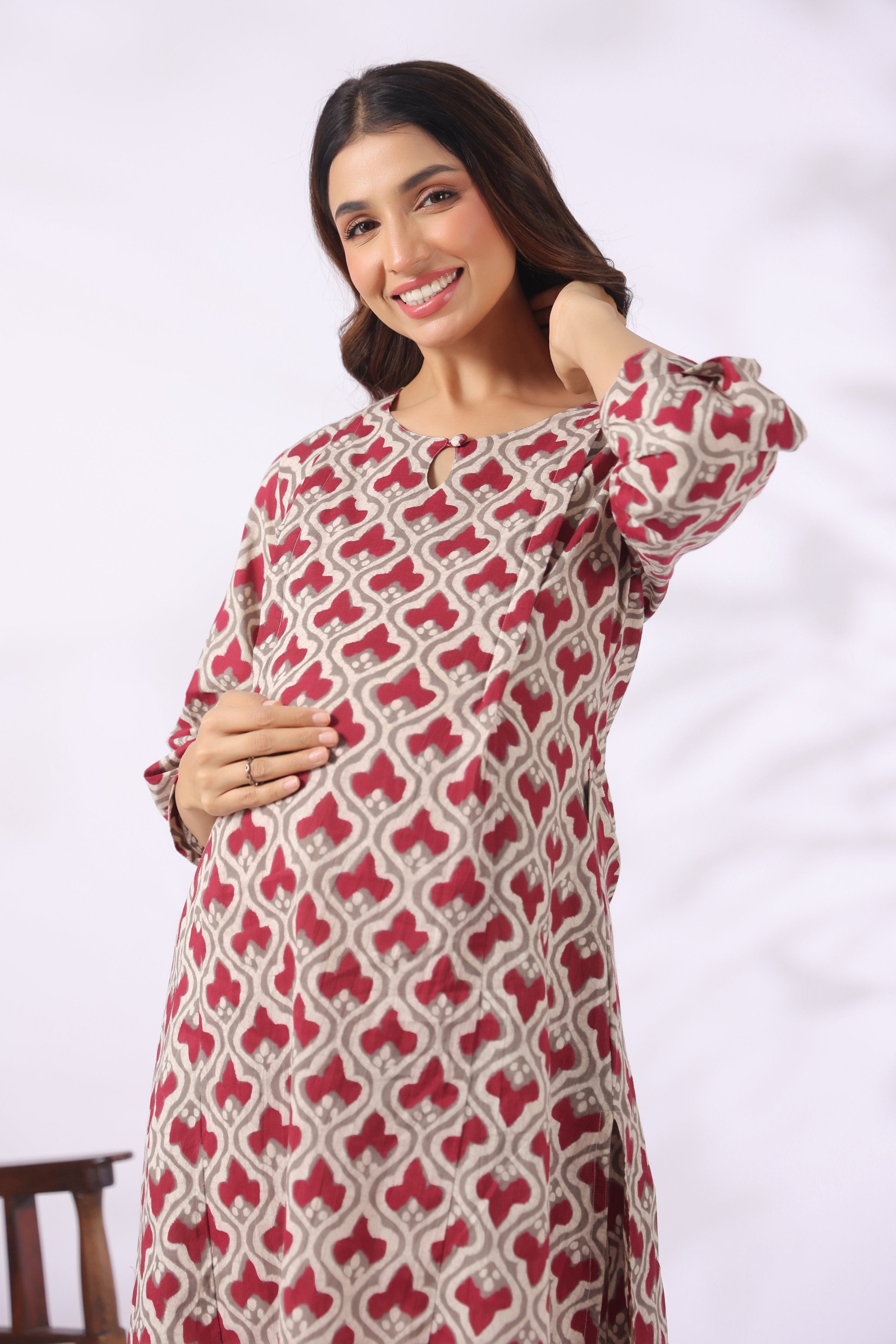Wine Lattice Cotton Maternity - Nursing Co-ord Set