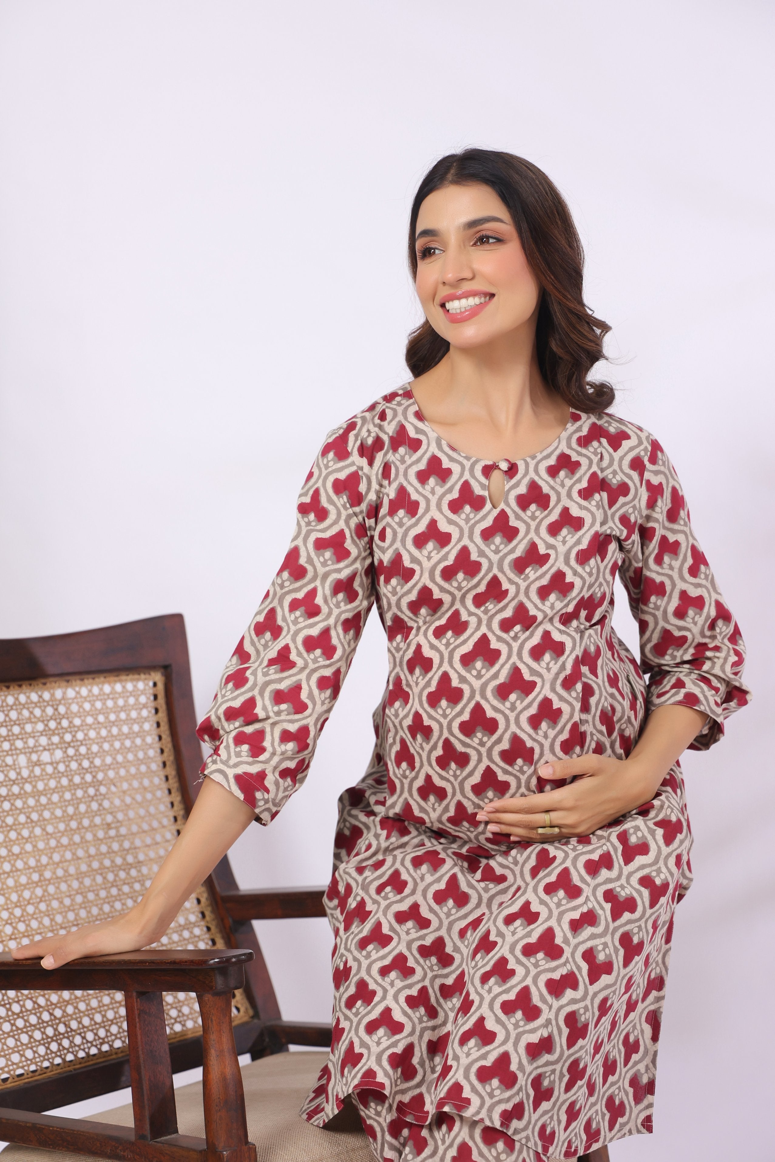 Wine Lattice Cotton Maternity - Nursing Co-ord Set