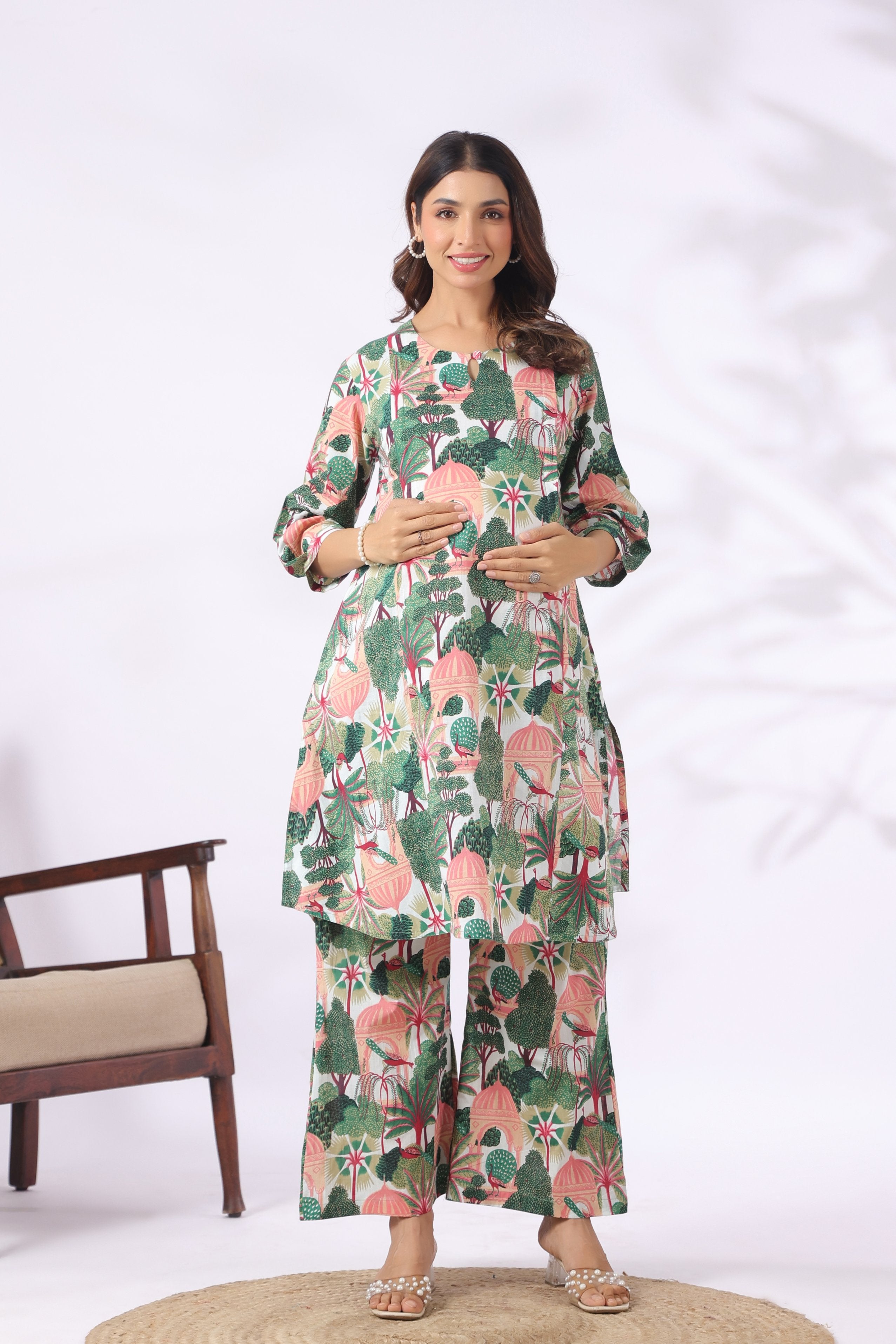 Jaipuri Peacock Bagh Cotton Maternity - Nursing Co-ord Set