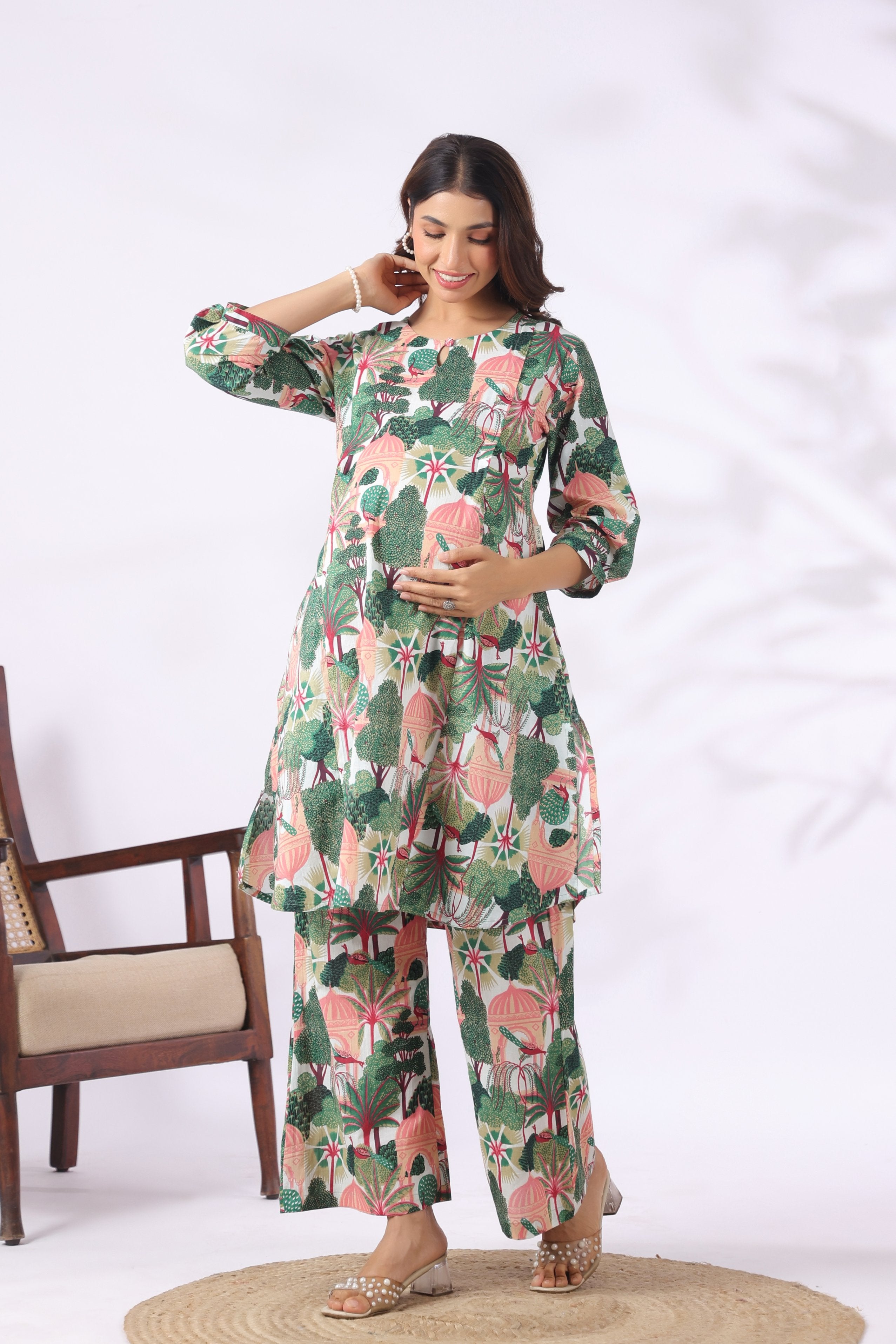 Jaipuri Peacock Bagh Cotton Maternity - Nursing Co-ord Set