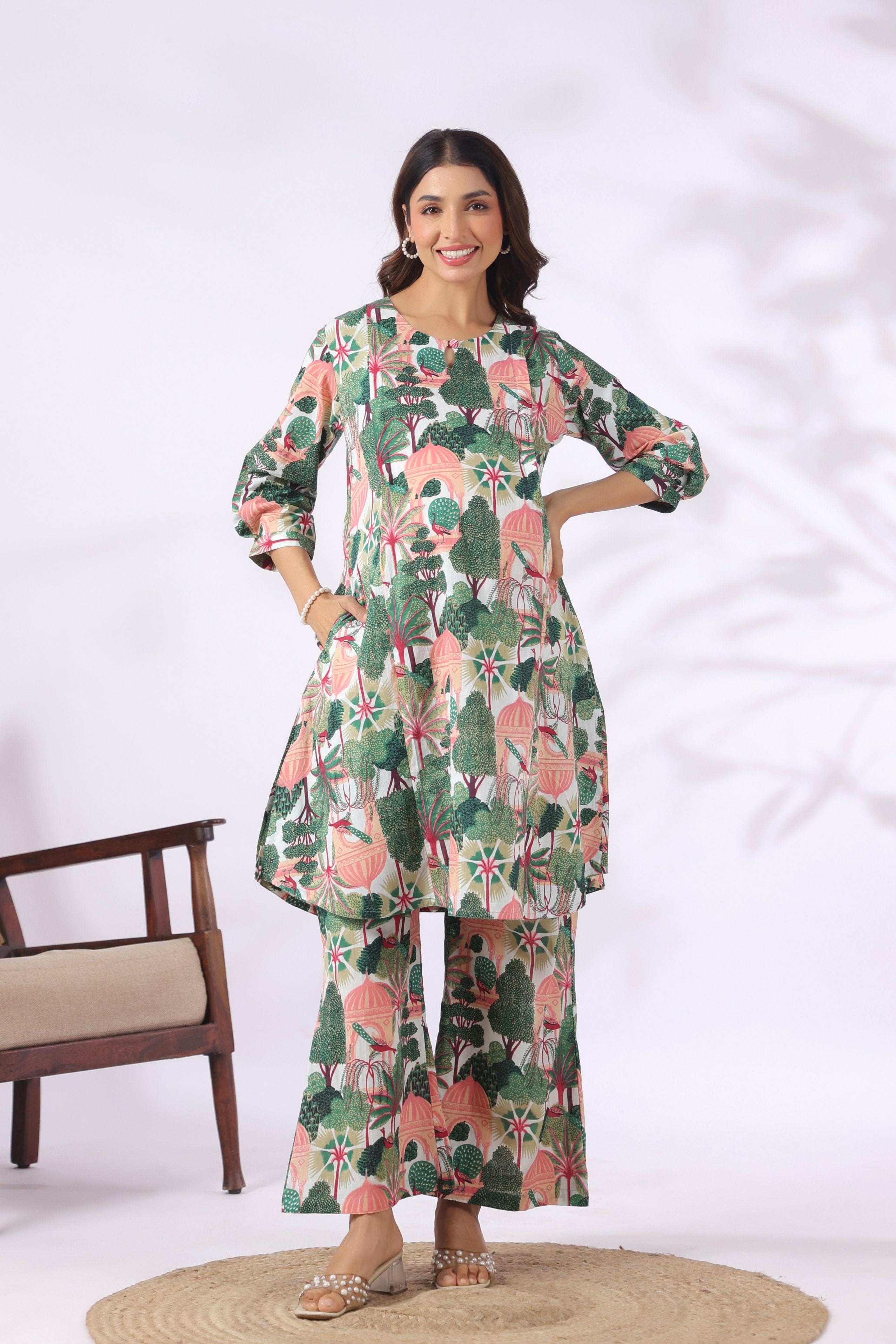Jaipuri Peacock Bagh Cotton Maternity - Nursing Co-ord Set