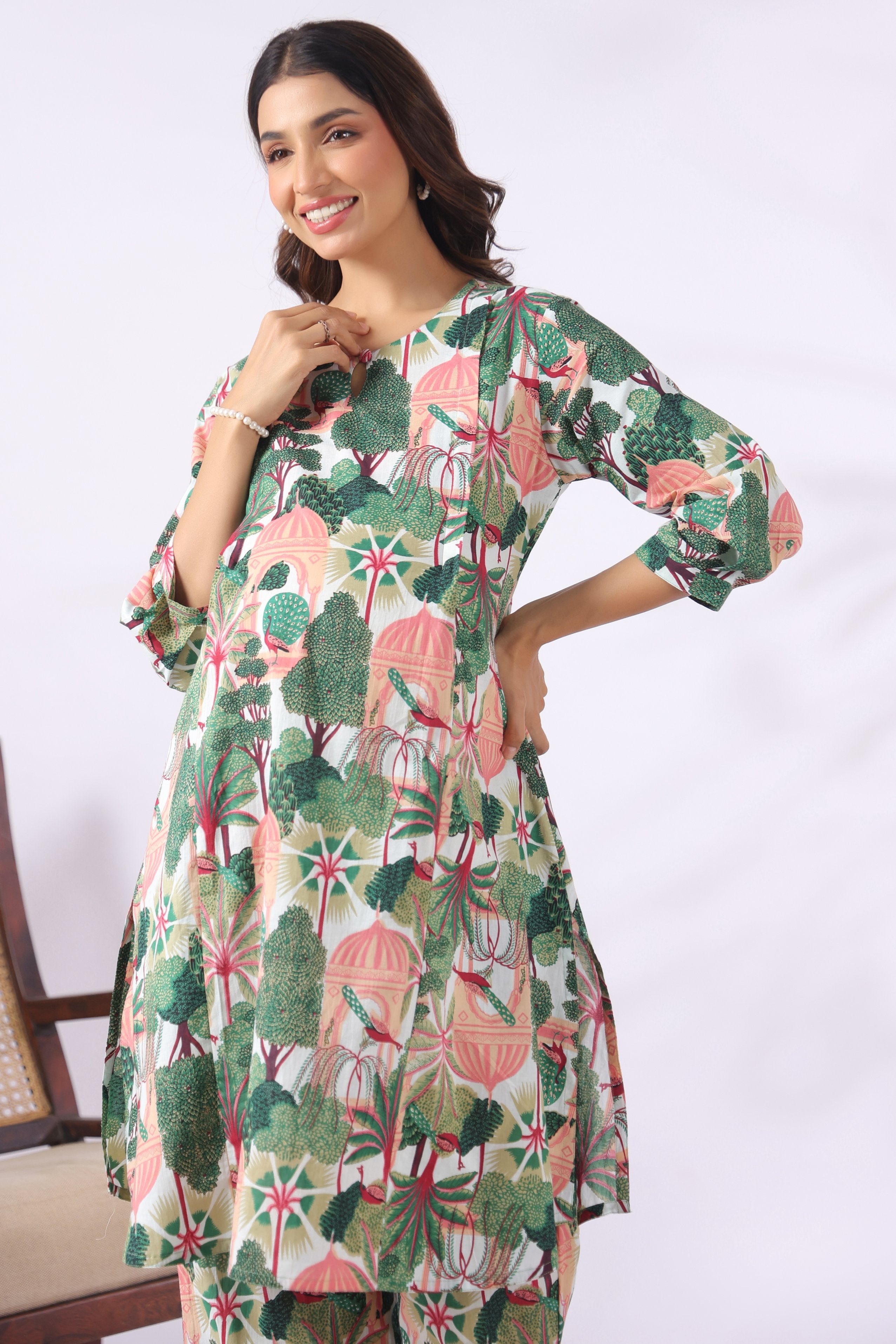 Jaipuri Peacock Bagh Cotton Maternity - Nursing Co-ord Set