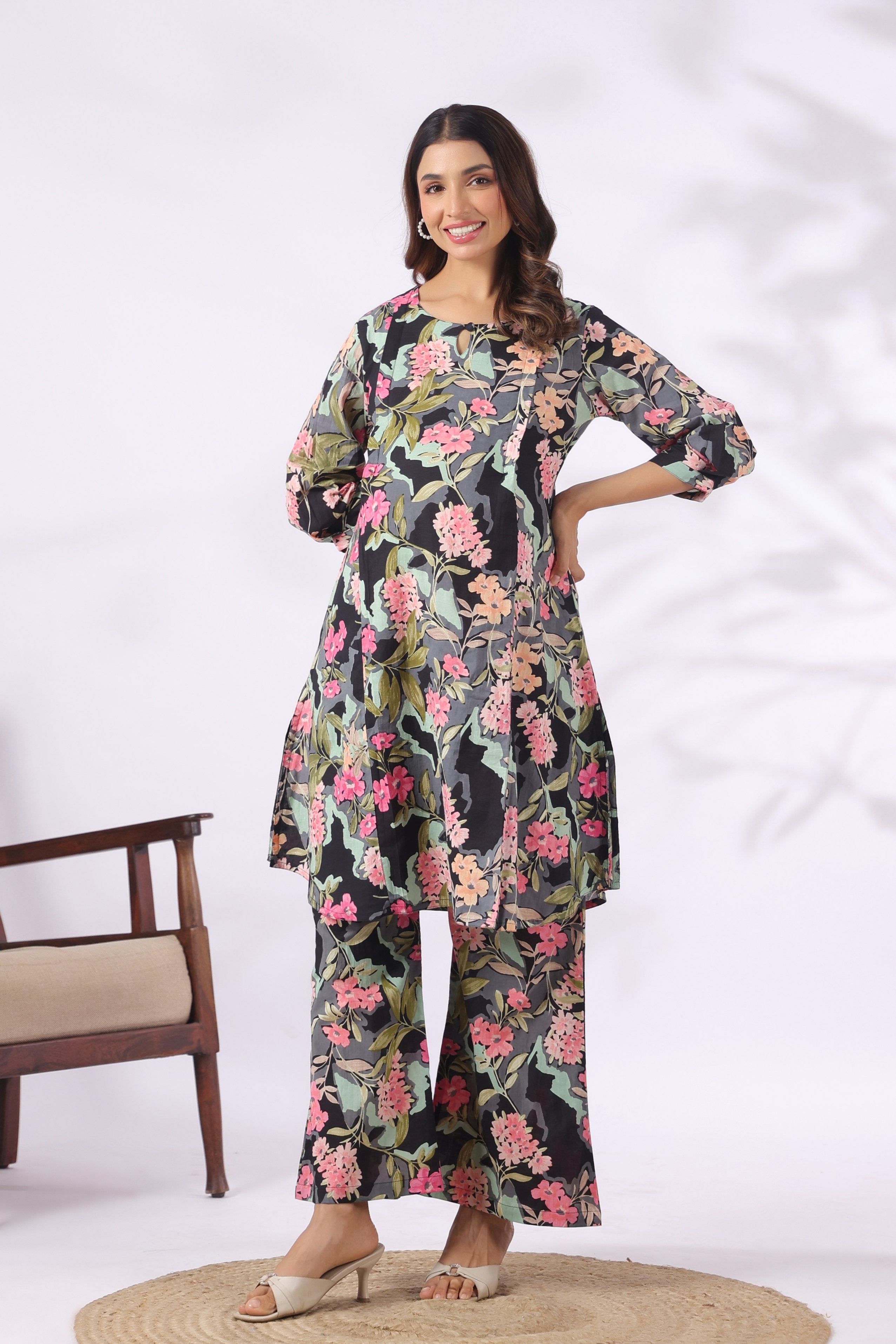 Midnight Pink Blossom Cotton Maternity - Nursing Co-ord Set