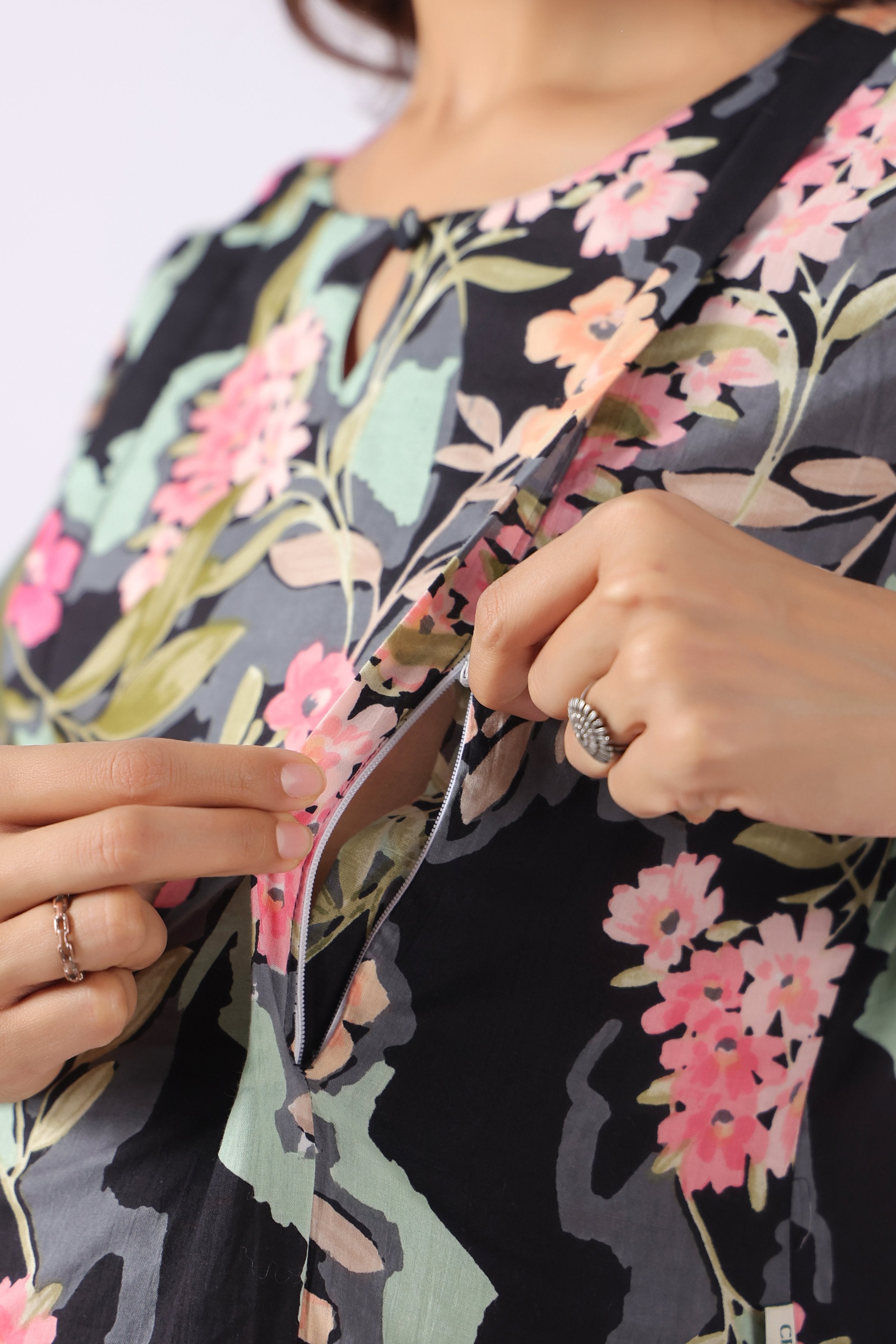 Midnight Pink Blossom Cotton Maternity - Nursing Co-ord Set