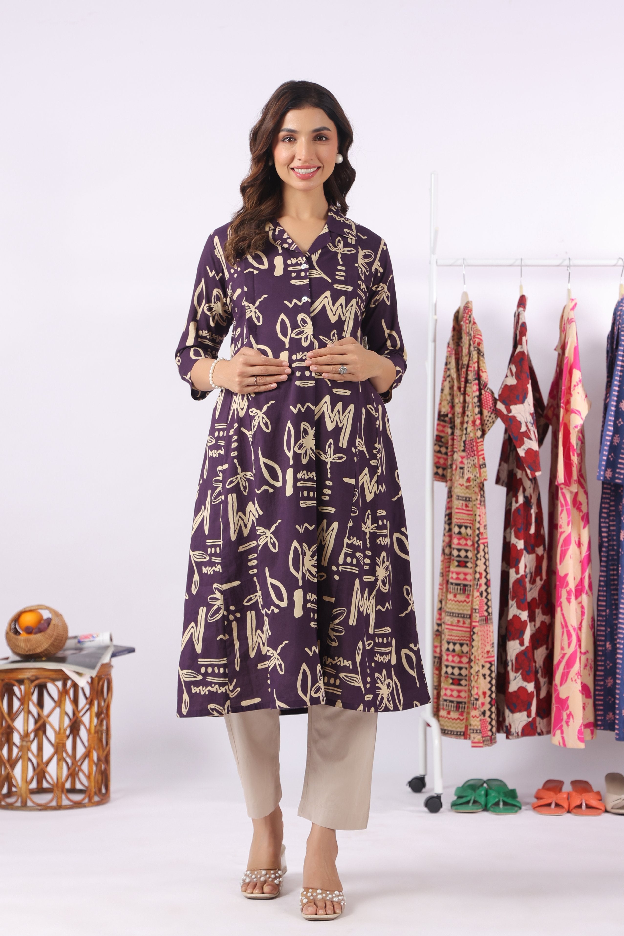 Purple Doodle Garden Cotton Maternity - Nursing Kurta