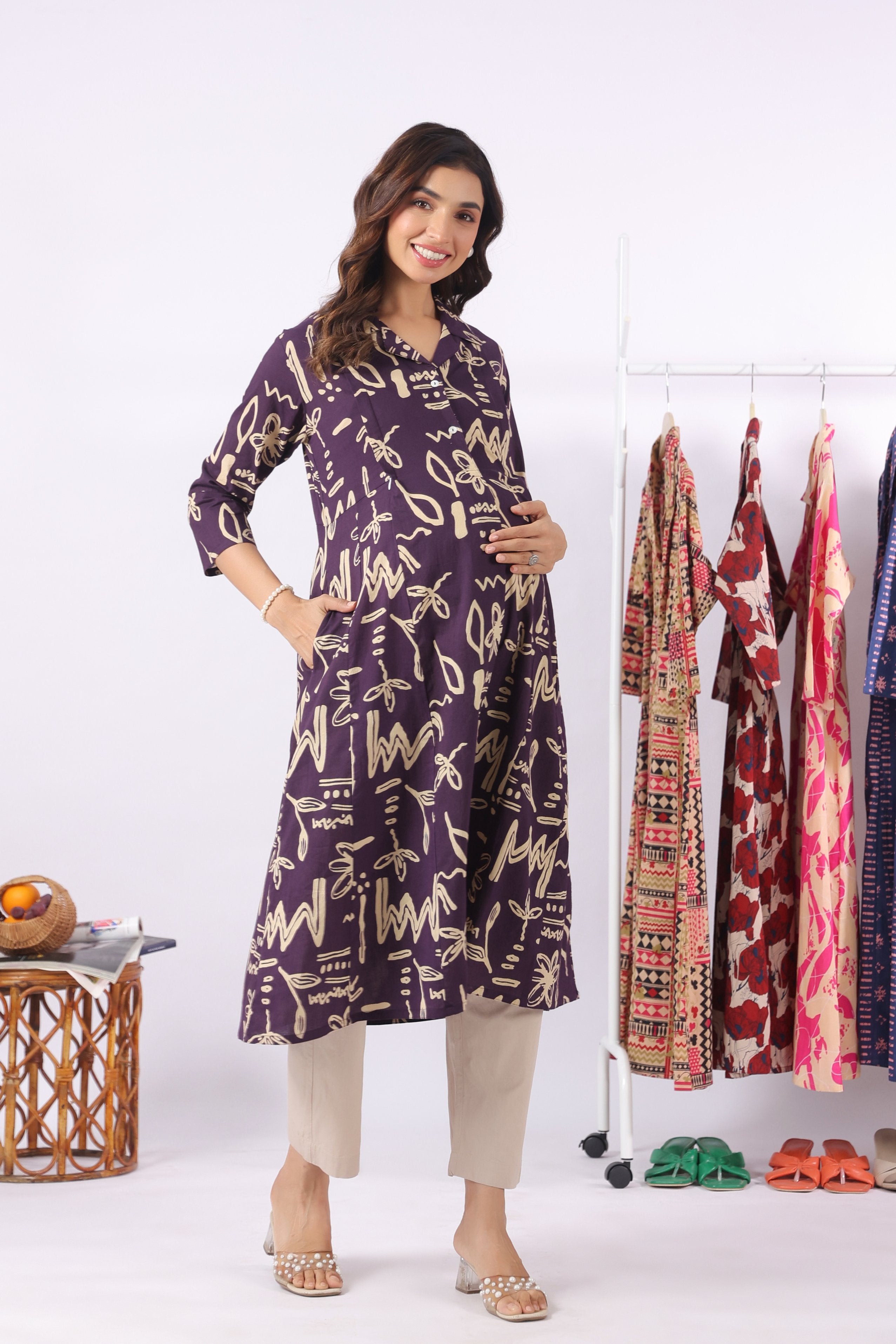 Purple Doodle Garden Cotton Maternity - Nursing Kurta