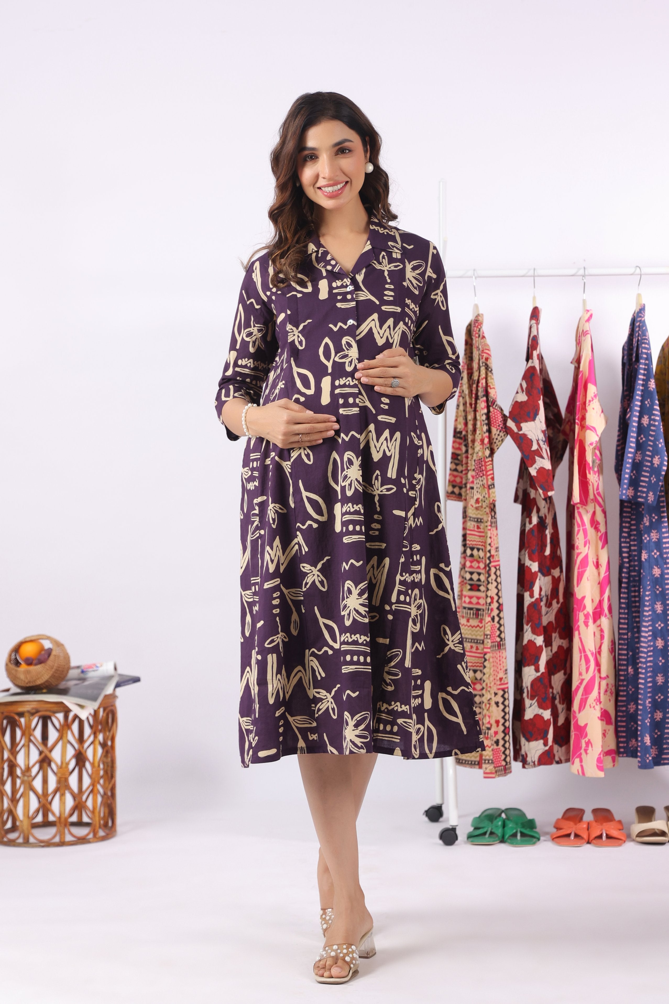 Purple Doodle Garden Cotton Maternity - Nursing Dress