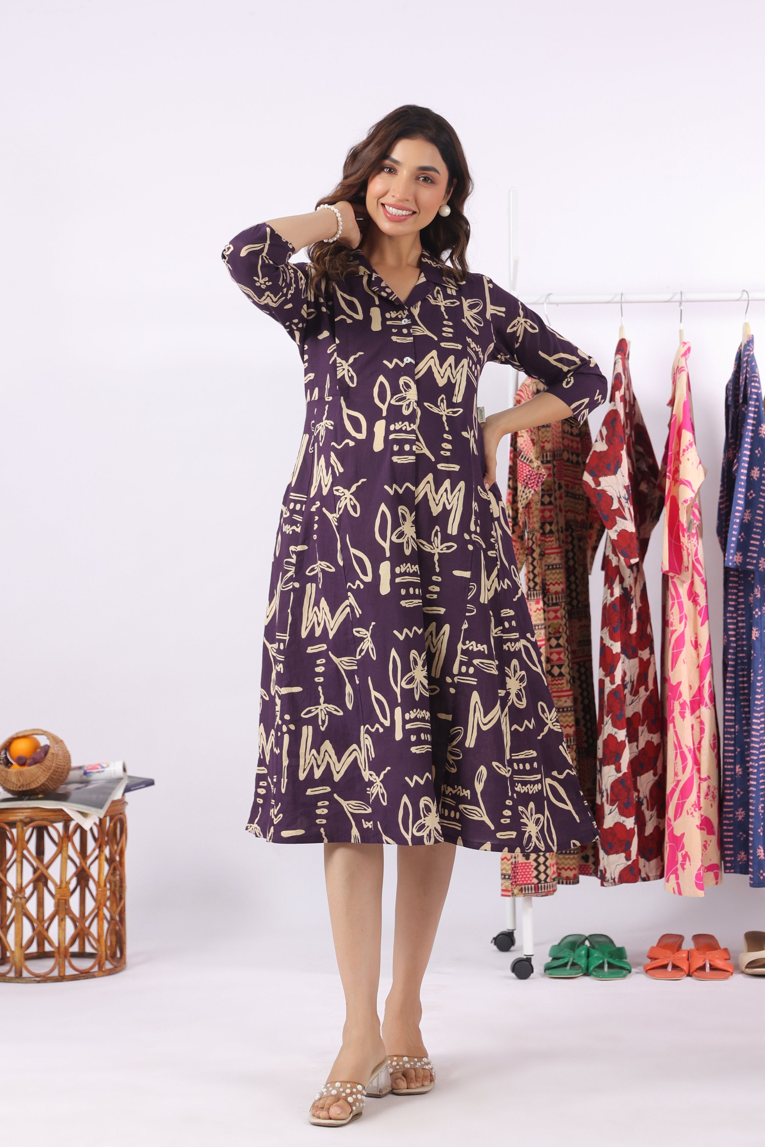 Purple Doodle Garden Cotton Maternity - Nursing Dress