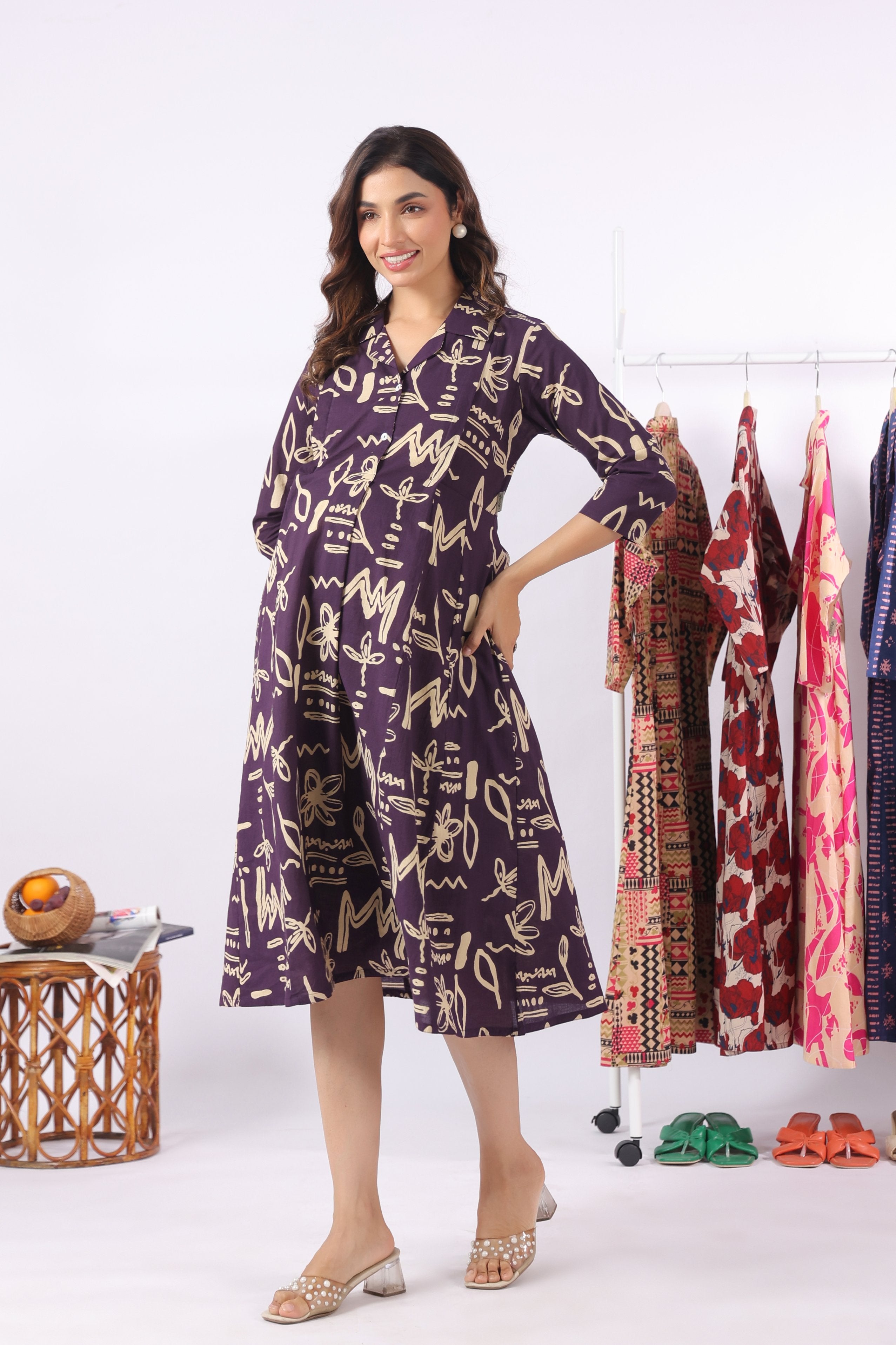 Purple Doodle Garden Cotton Maternity - Nursing Dress