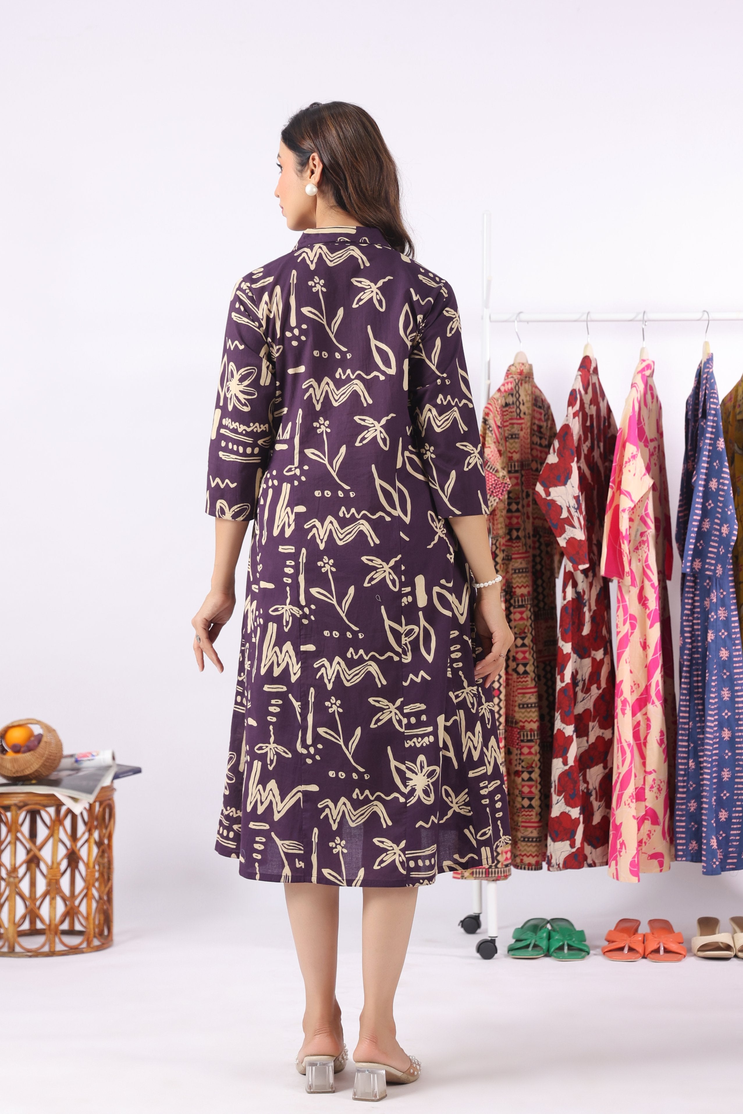 Purple Doodle Garden Cotton Maternity - Nursing Dress