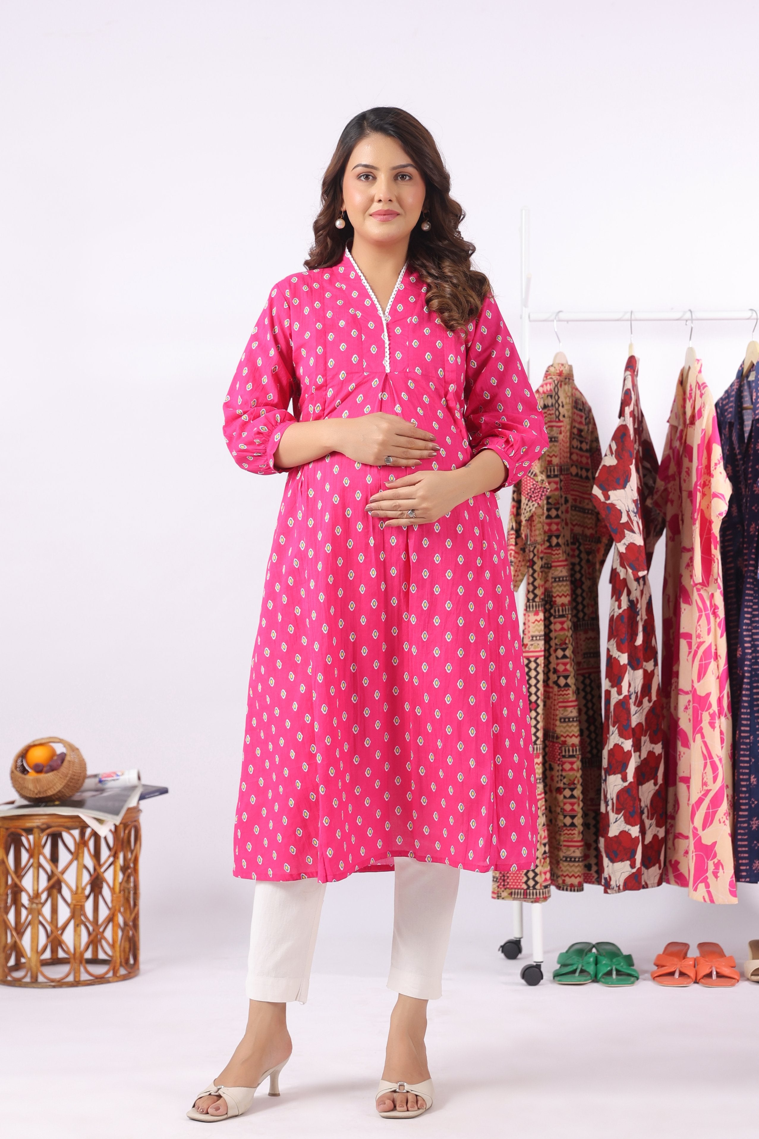 Fuchsia Petal Motif Cotton Maternity - Nursing Kurta