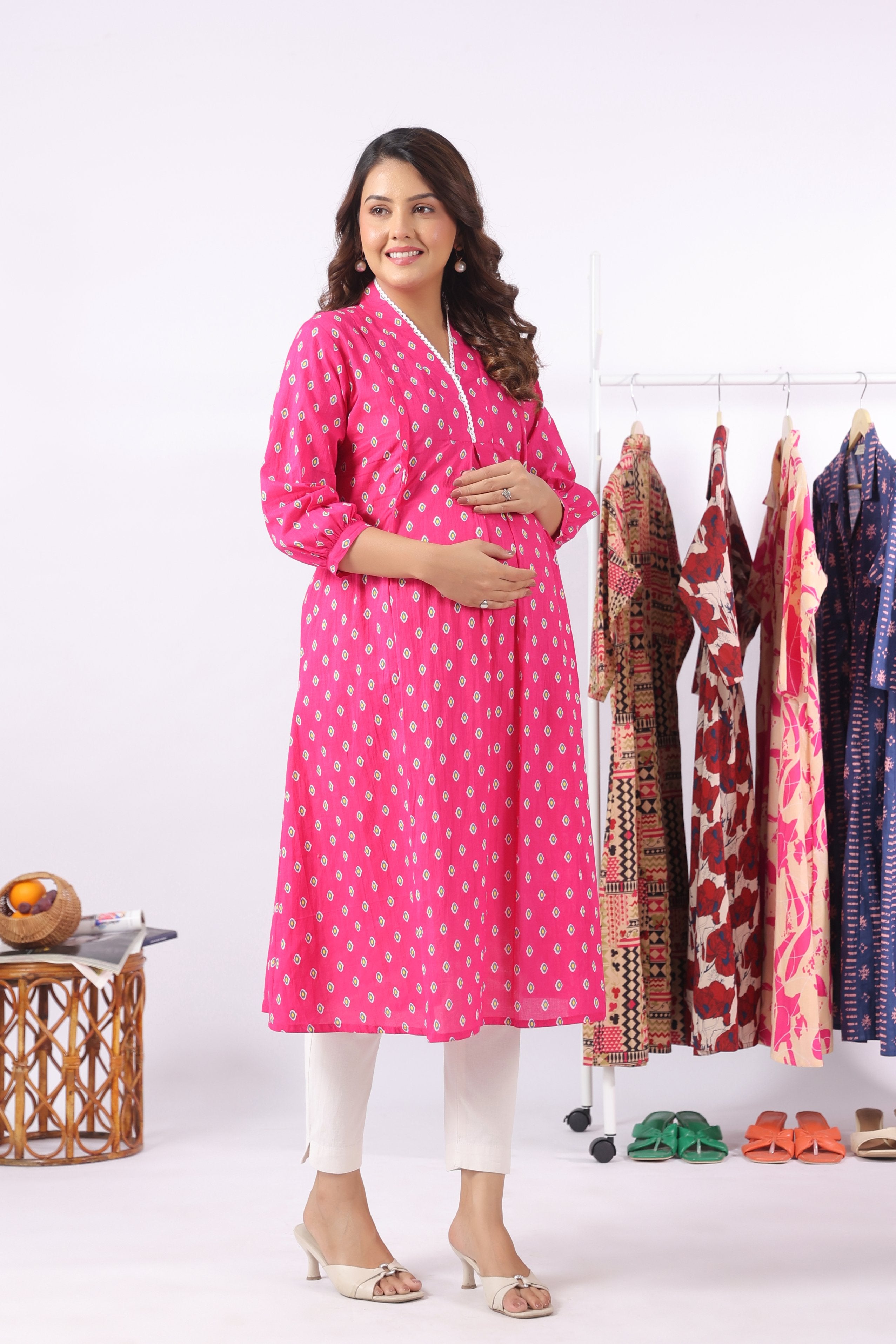 Fuchsia Petal Motif Cotton Maternity - Nursing Kurta