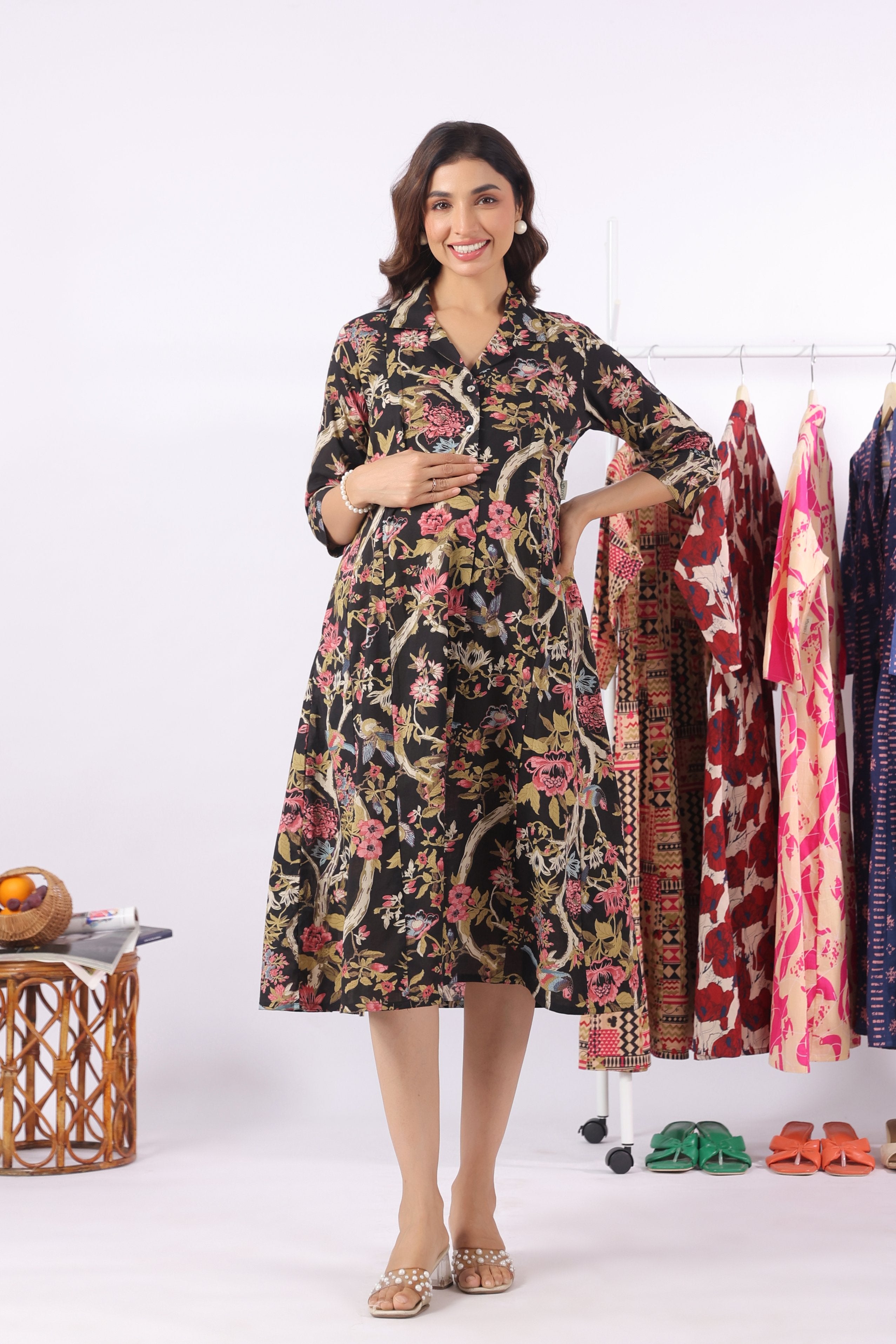 Twilight Garden Birds Cotton Maternity - Nursing Dress